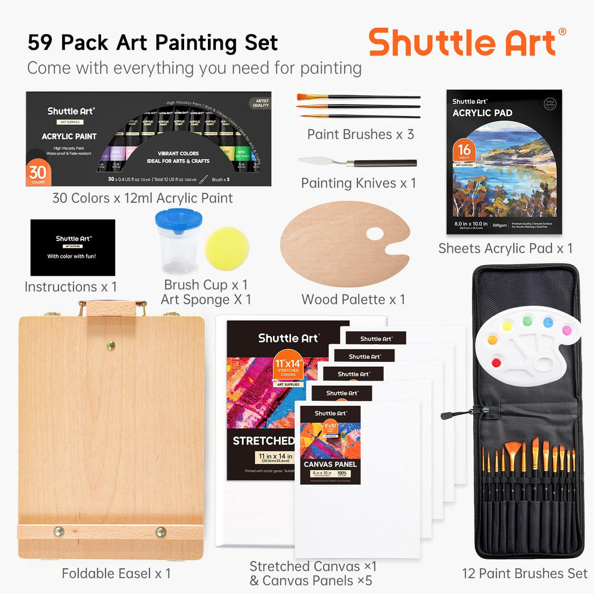 Shuttle Art 59 Pack Acrylic Painting Set, Professional Deluxe Art Set with Table Top Easel, 30 Colours Acrylic Paints Set, Canvas, Brushes, Complete