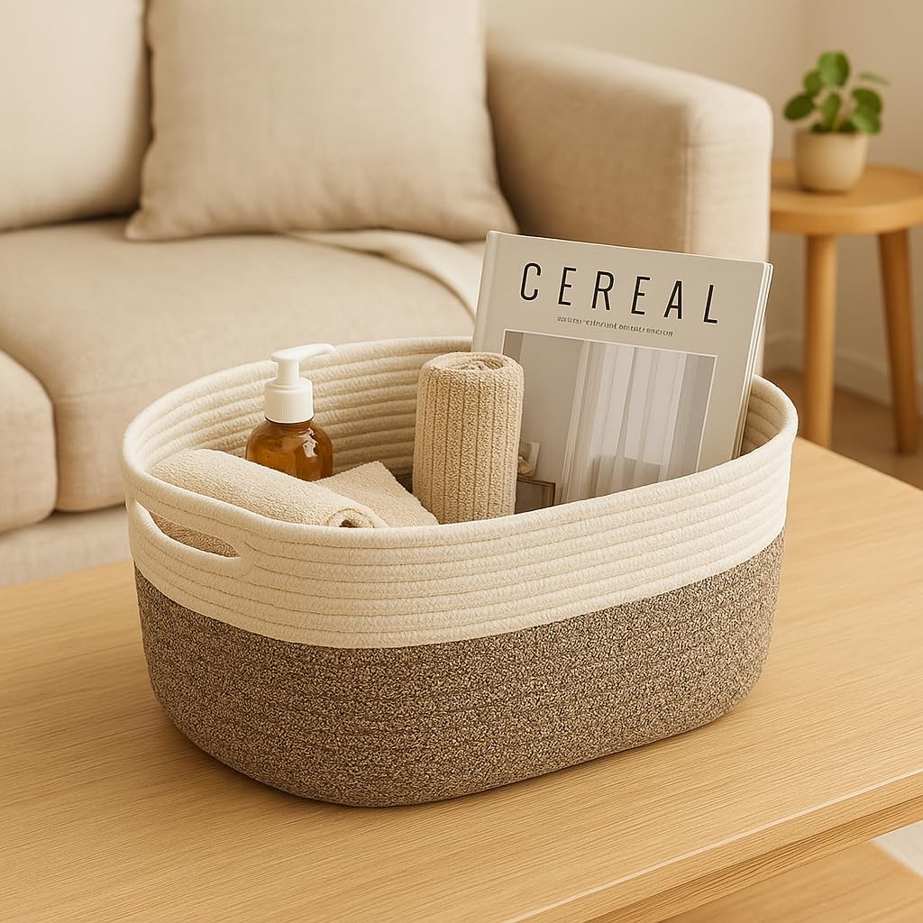 Large Handmade Cotton Rope Storage Basket with Handles - Nordic Style for Home, Toys Nursery Decor, Skin Care & Desktop Organizer