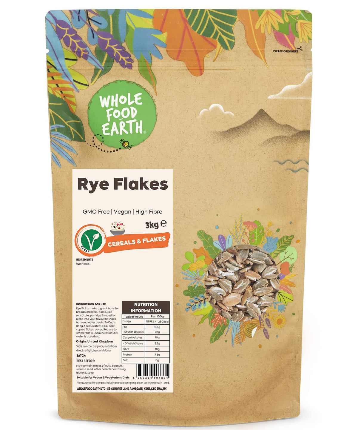Wholefood Earth Rye Flakes 3 kg | GMO Free | High Fibre