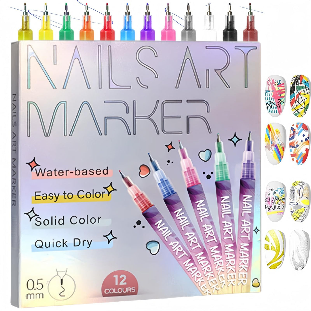 12 Colors Nail Art Pens Set,Nail Art Markers for Gel Nails,Quick Dry Graffiti Dotting Point Liner Pens,0.5mm Gel Nail Polish Pen,3D Nail Art Pen,Nail
