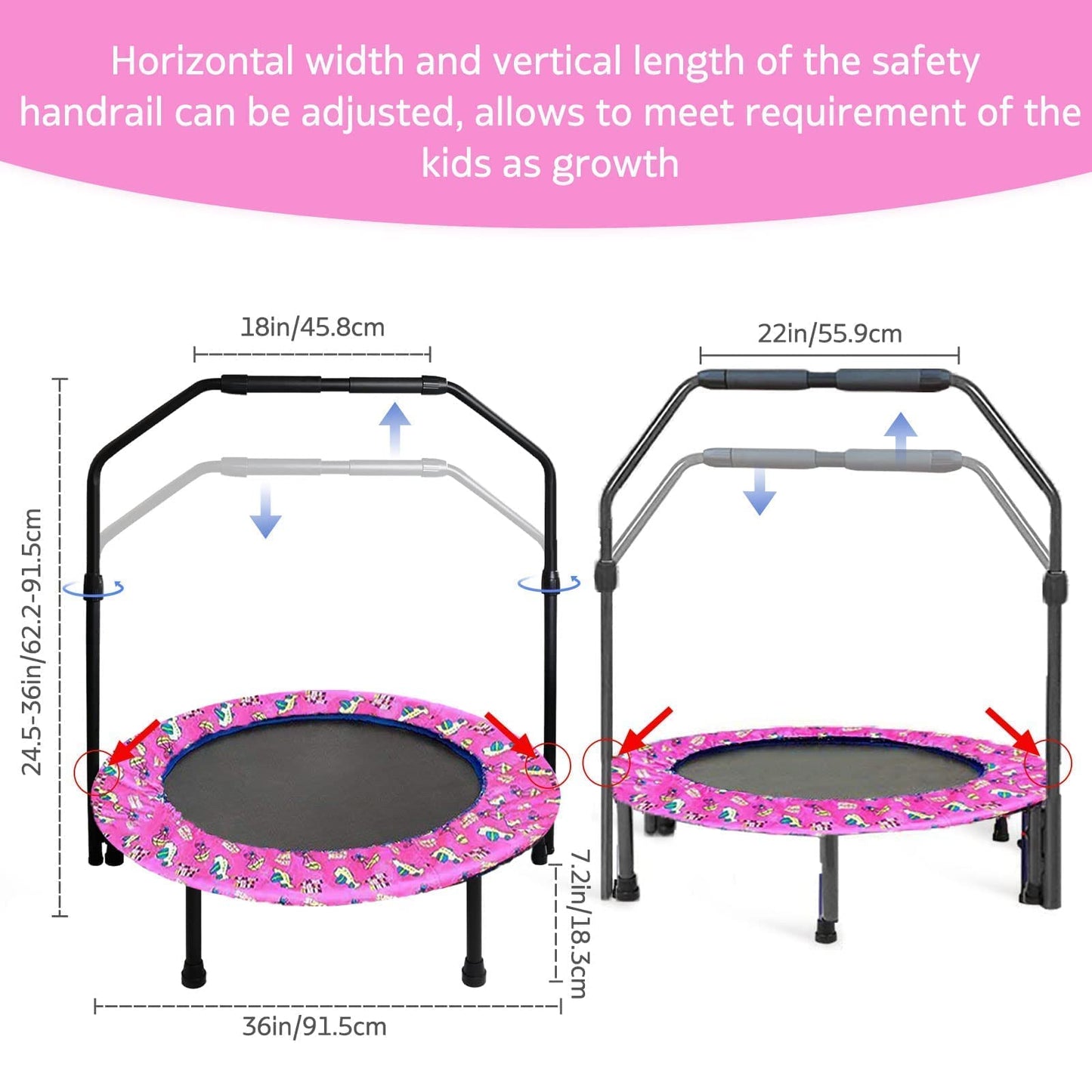 36'' Kids Trampoline Mini Foldable Trampoline with Adjustable Foam Handrail & Safety Padded Protective Cover Fitness Exercise Bungee Rebounder Jumper
