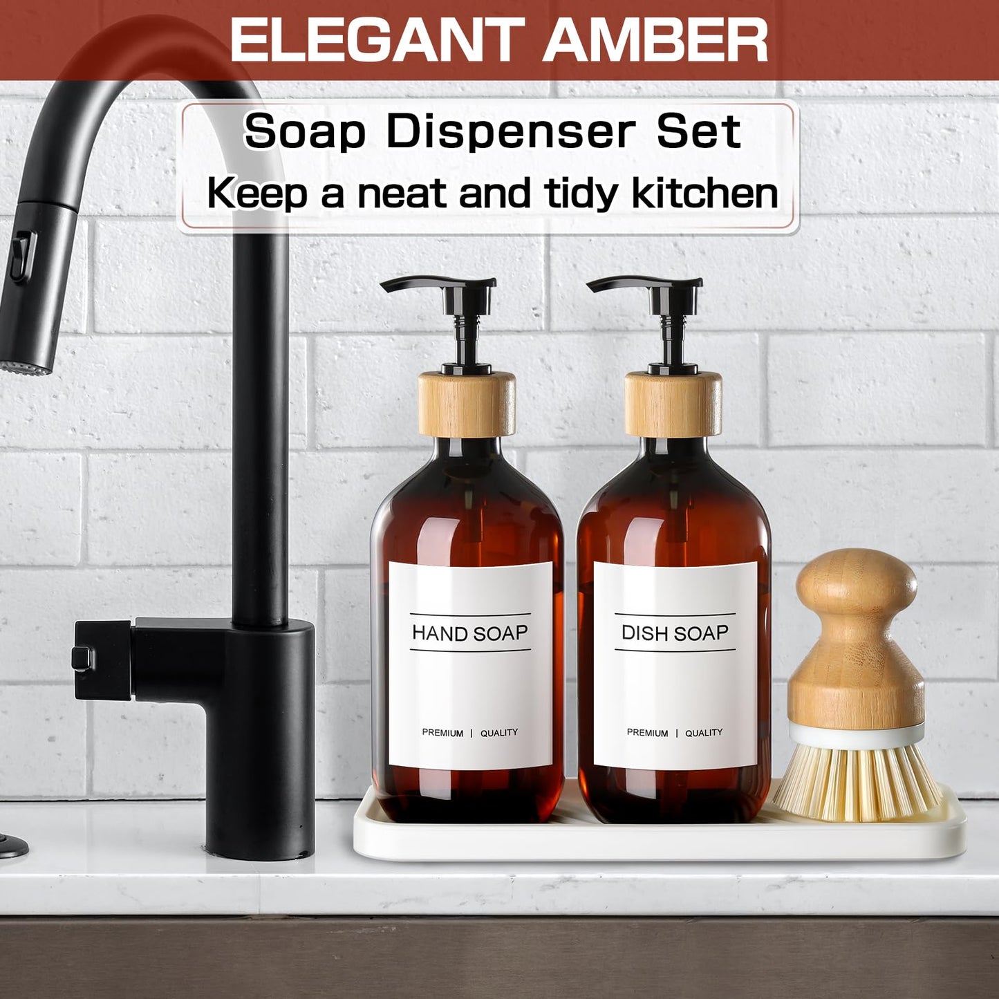 GMISUN Dish Soap Dispenser, Amber Kitchen Soap Dispenser Set with Tray