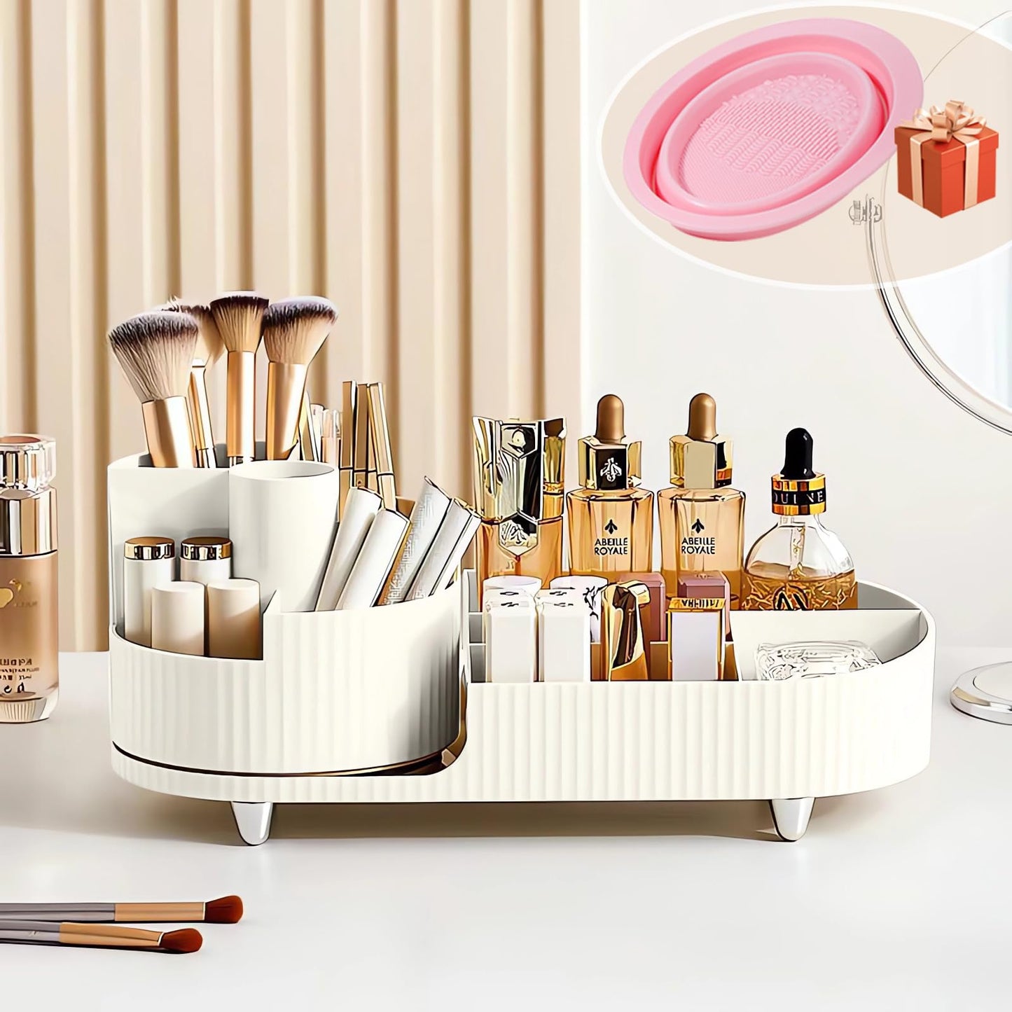 BULLA Makeup Organiser, 360 Rotating Makeup Organiser, Rotating Compartment 2 In 1 Skincare Organiser, Makeup Organizer Storage Is Perfect for