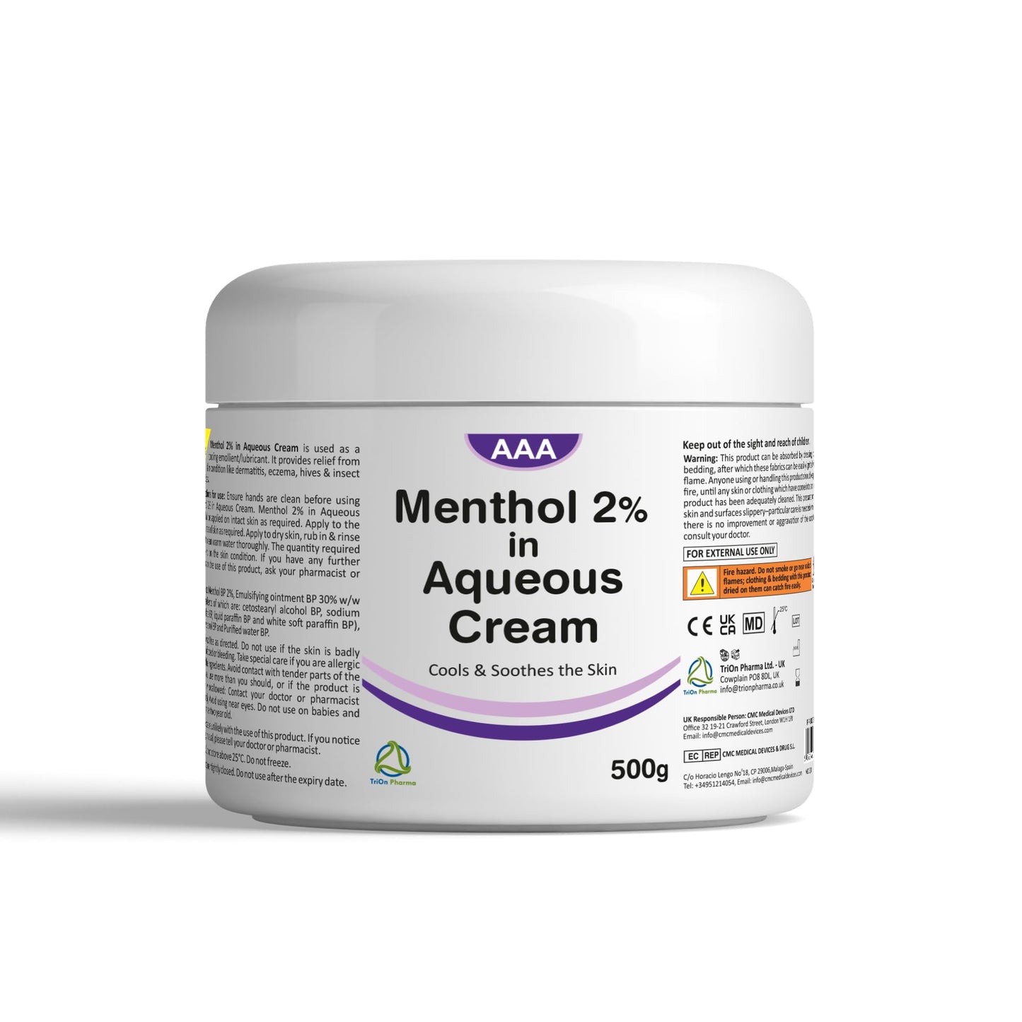 Aqueous Cream with Menthol 2% - 500g | Cooling Emollient for Softening & Soothing Skin | External Skin Cleansing Agent