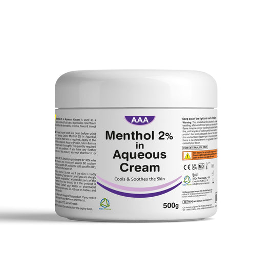 Aqueous Cream with Menthol 2% - 500g | Cooling Emollient for Softening & Soothing Skin | External Skin Cleansing Agent