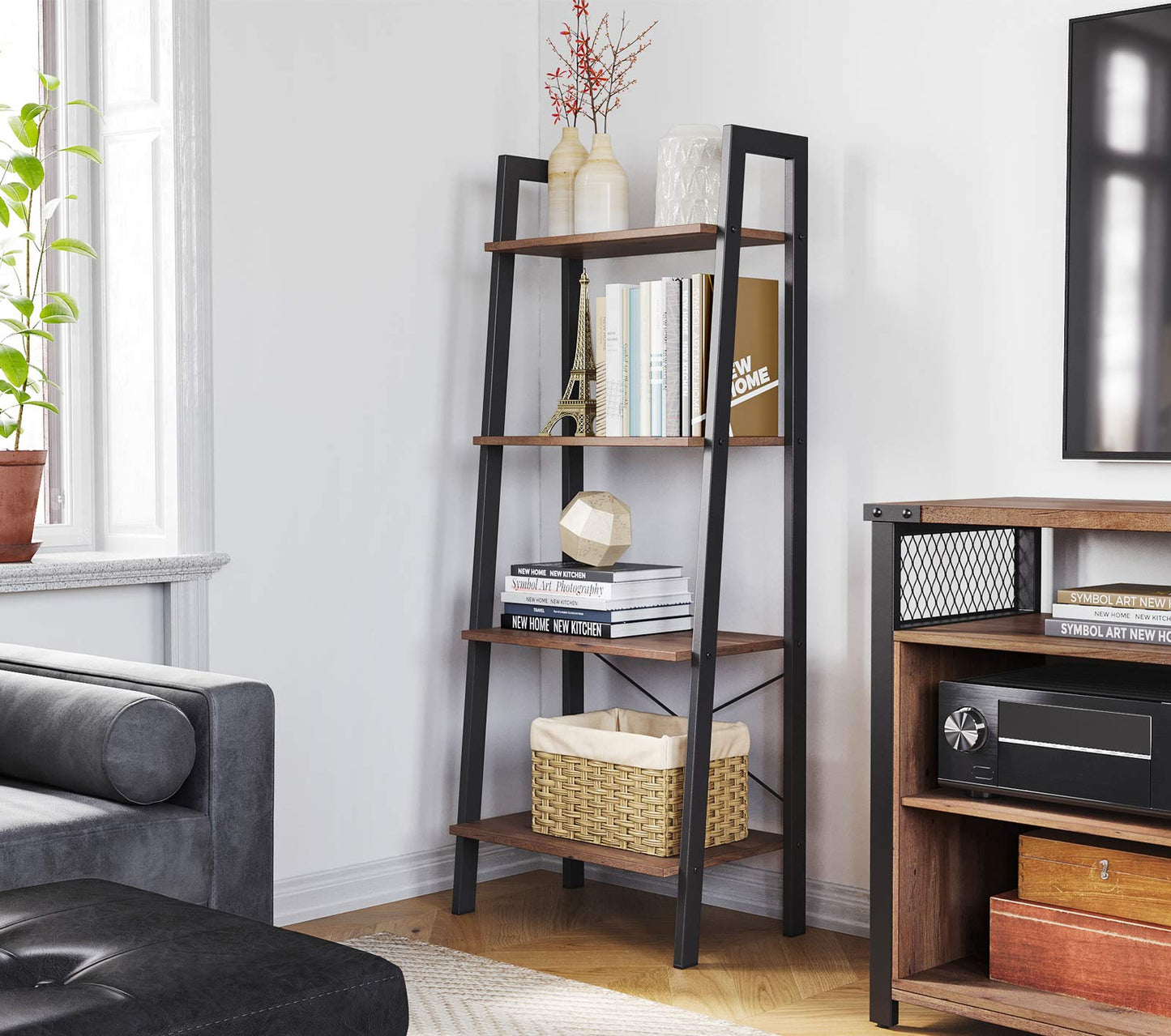 VASAGLE Ladder Shelf, 4-Tier Bookshelf, Bookcase, for Living Room, Bedroom, Kitchen, Home Office, Industrial Style, Steel Frame, Hazelnut Brown and