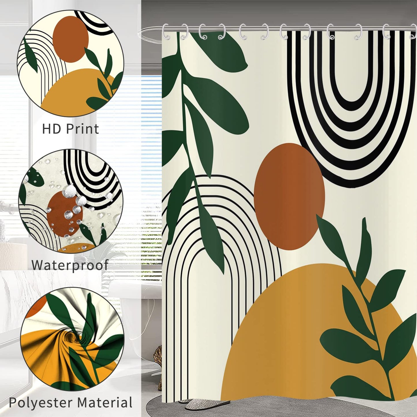 Hnmdmyi Boho Shower Curtain 180x180, Mid Century Abstract Arch Sun Green Leaf Beige Bathroom Curtains Modern Minimalist Aesthetic Art Waterproof