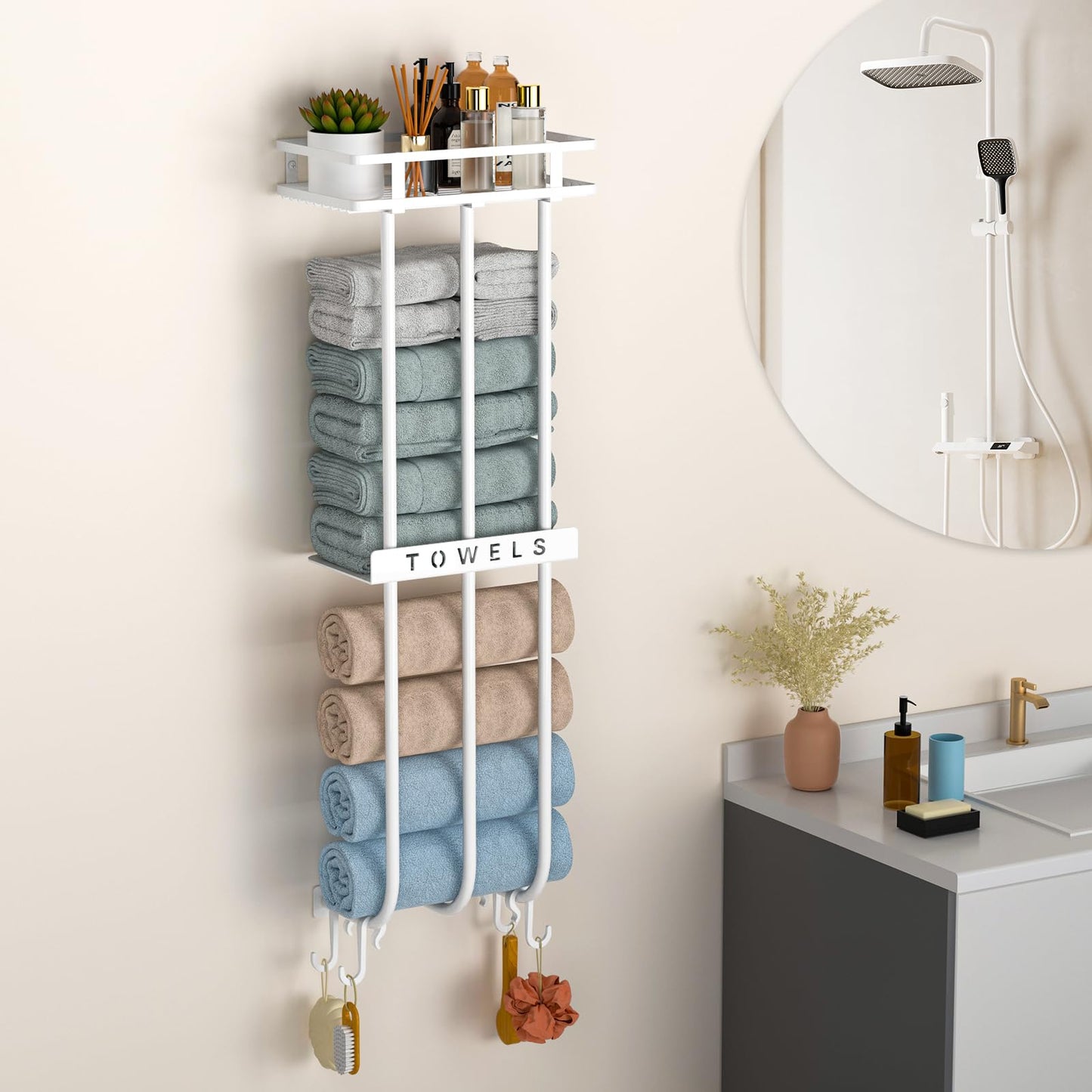 ZDDLOINP Bathroom Towel Rack with Metal Shelf, Towel Rack Wall Mounted for Rolled Bath Towels Organizer, White Towel Holder for Bathroom, RV,