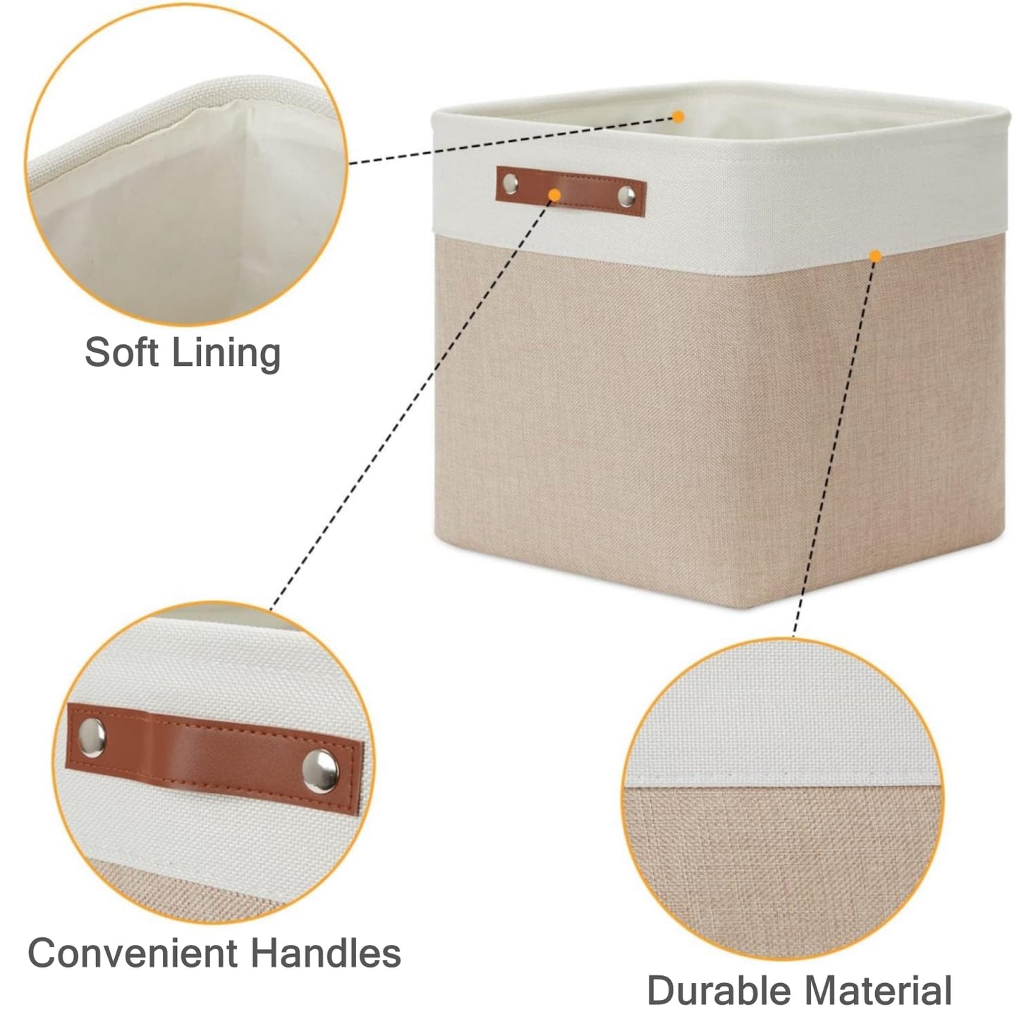 Mangata Collapsible Storage Cube Boxes, 28cm Cube Linen Woven Fabric Storage Baskets with Leather Handles 4pcs (Light Khaki and White)