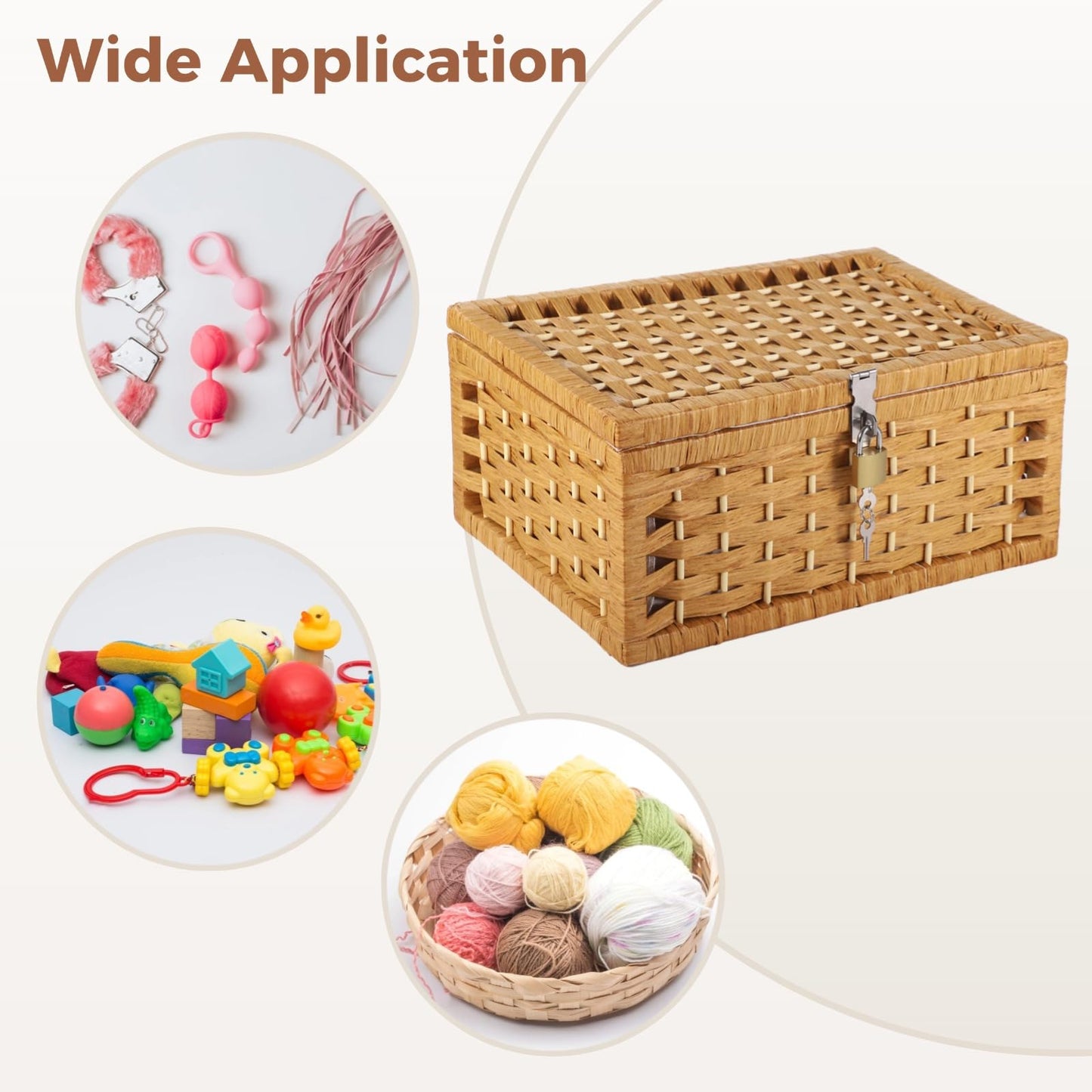 Wicker Basket with Lidt, Discreet Adult Toy Basket with Lid & Lock, Woven Paper Rope Organizer with Wooden Frame, Gray Floral Lining