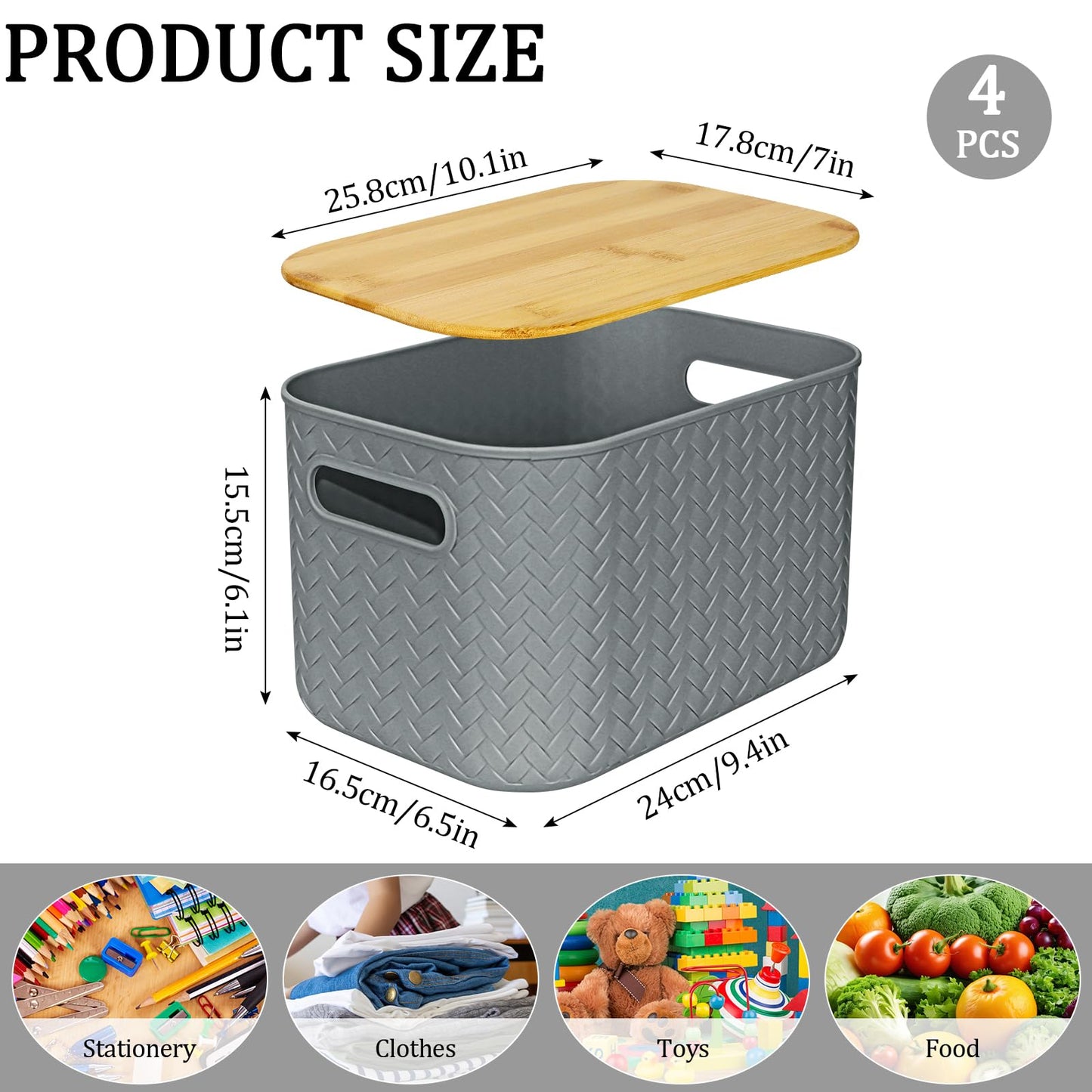 XJGQZ Plastic Storage Boxes with Wooden Lids, 4-Pack Stackable Organisers