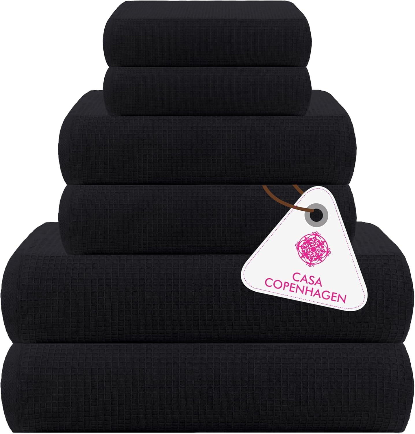 CASA COPENHAGEN Waffle Terry 6-piece set, cotton, extra large, luxurious, black, 2 bath towels XL, 70x140 cm, 2 large hand towels, 50x80 cm