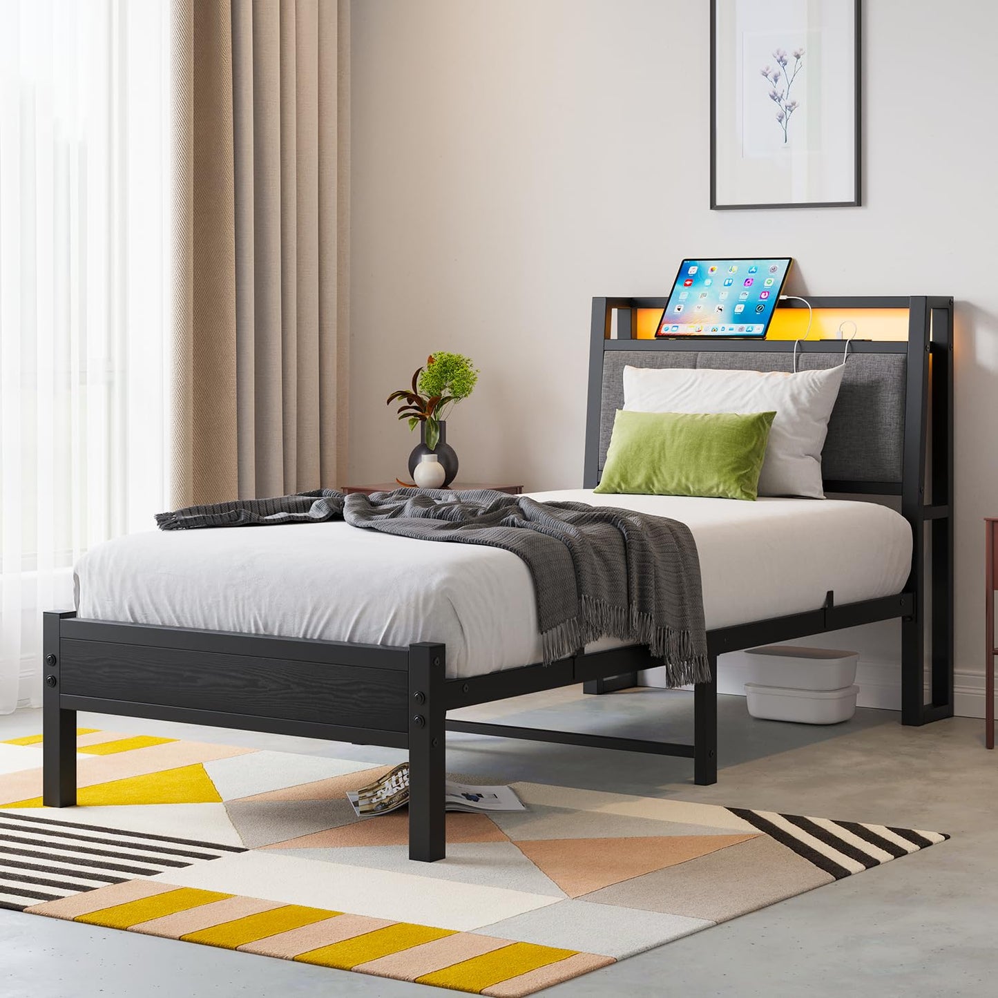 FOUBAM Single Bed Frame, 3FT Bed Frame Ergonomics with Charging Station and LED Lights, Heavy Duty Platform Bed Frame with Fabric Storage Sloped