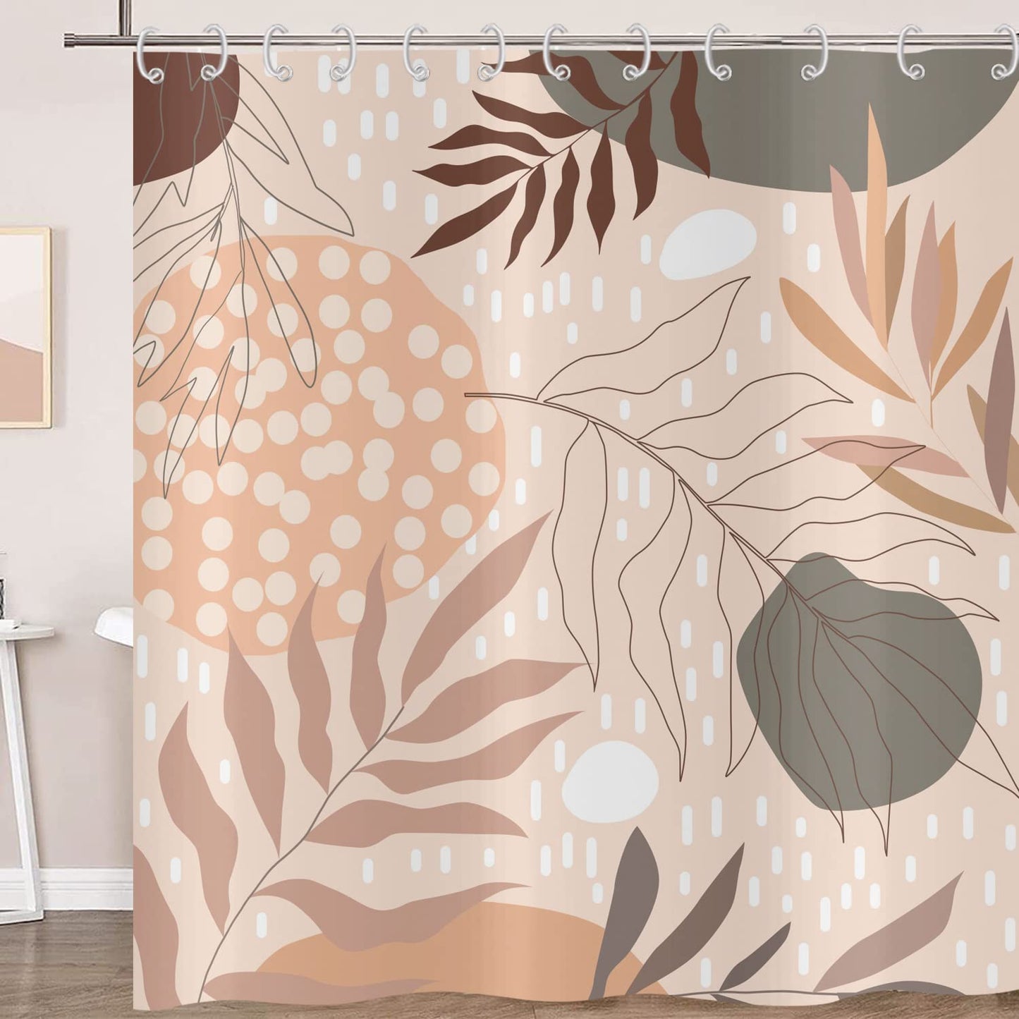 Hnmdmyi Boho Shower Curtain 180x200, Abstract Leaves Plant Beige Bathroom Curtains Mid Century Modern Geometric Minimalist Aesthetic Art Waterproof
