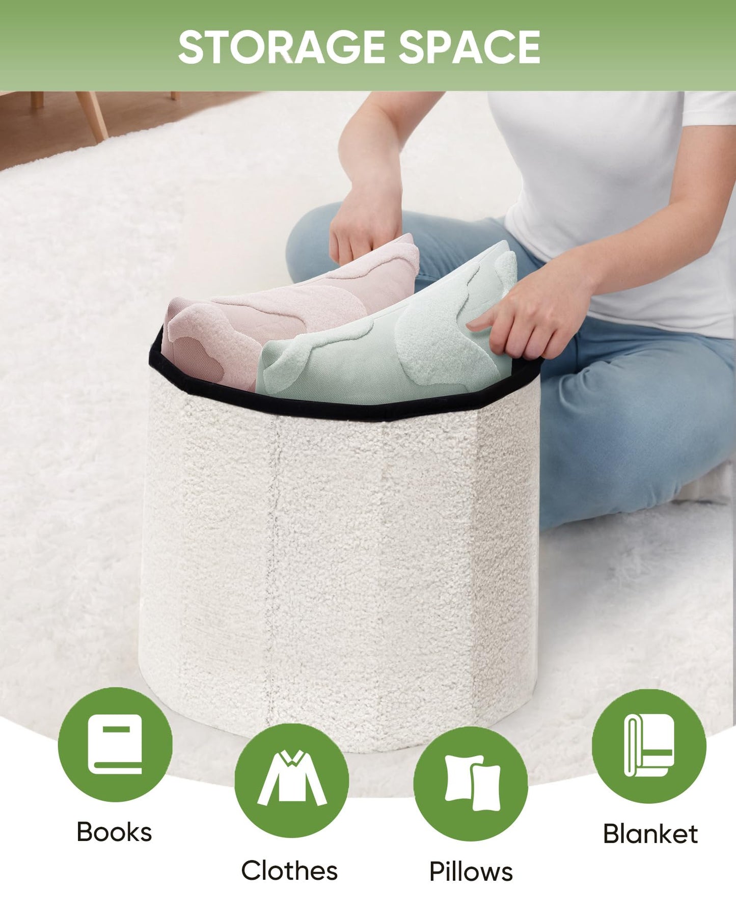 Bonlife Cream Boucle Ottoman with Storage,Foldable Footstool for living room,Toy Chest,Storage Seat Teddy Round Shape Footrest,38X38X33.5cm