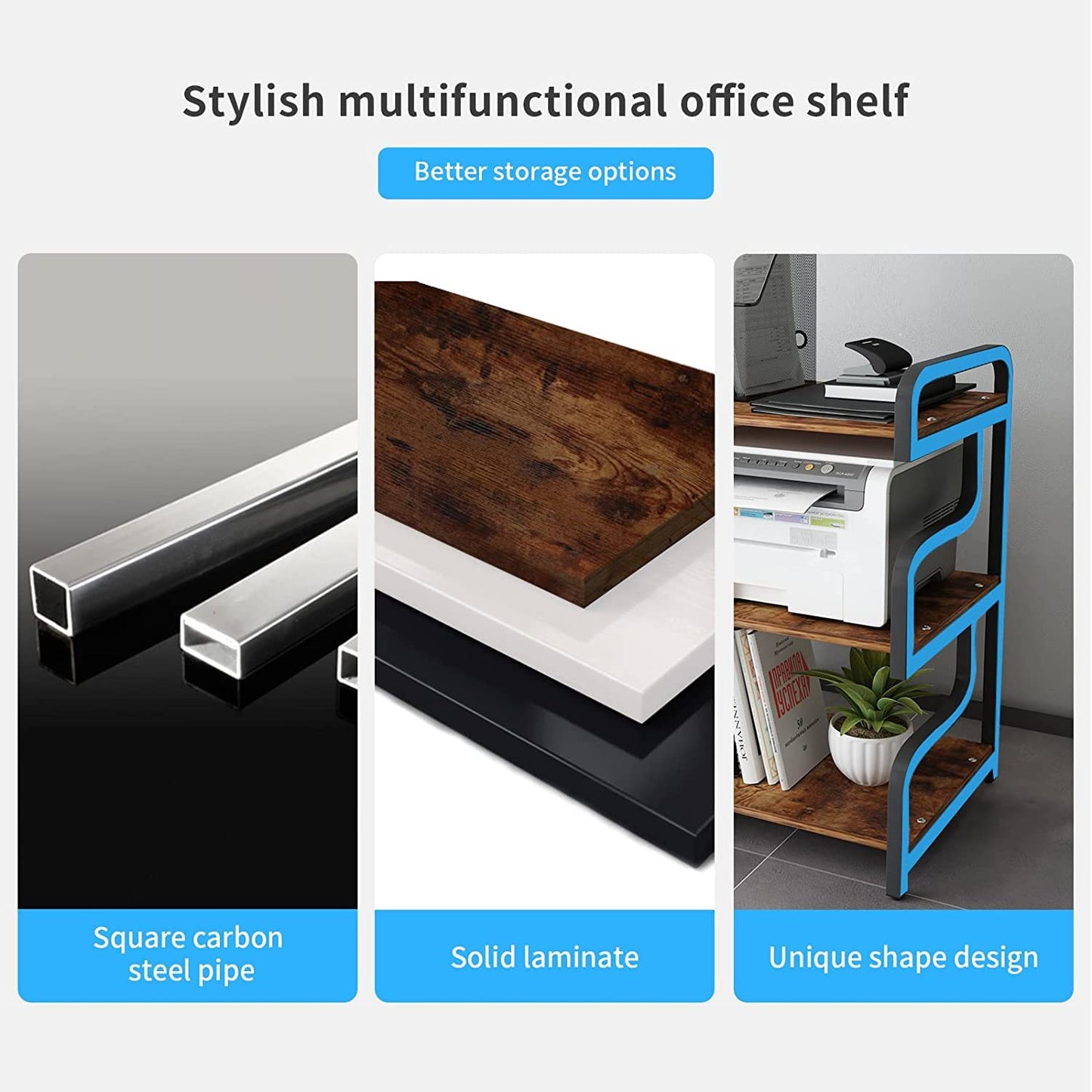 PUNCIA 3-Tier Printer Stand with Storage Movable Printer Table on Wheels Mobile Storage Cart Shelf Rack for Media Player Scanner Files Books Microwave