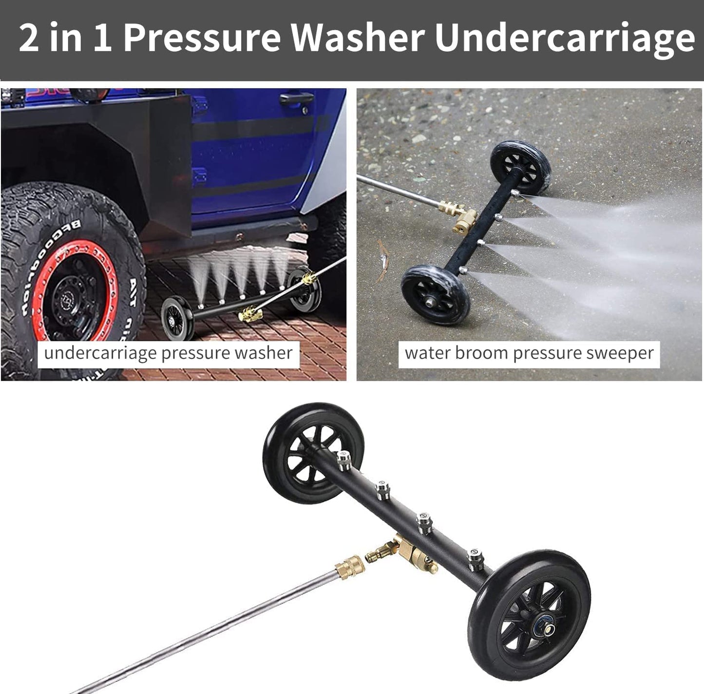 YUET 2-in-1 Pressure Washer Undercarriage Cleaner Water Broom, 16" Surface Cleaner Power Washer Attachment with 4 Nozzles 3 Extension Rods and QC