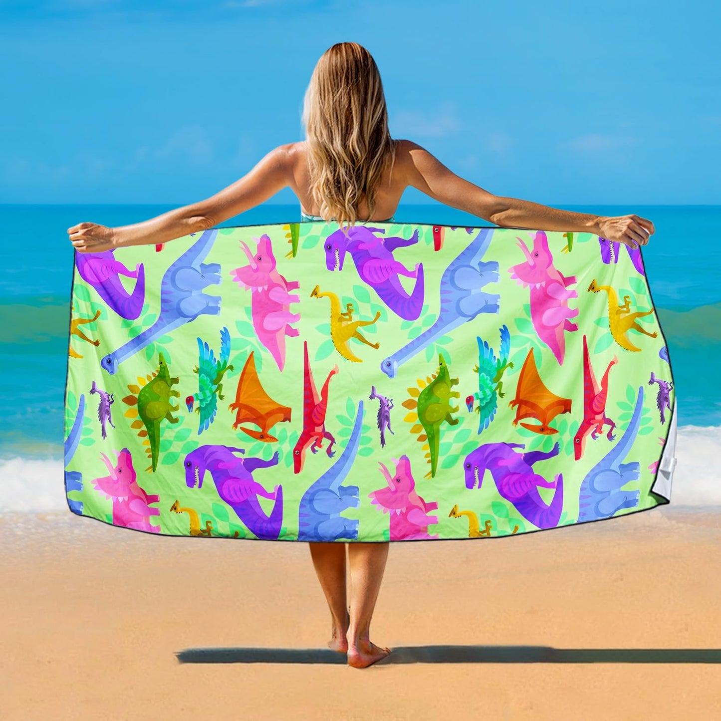 Violetpos Colorful Dinosaur Print Beach Towel, Extra Large 180x90 cm 250GSM Microfibre, Sand Free Quick Dry