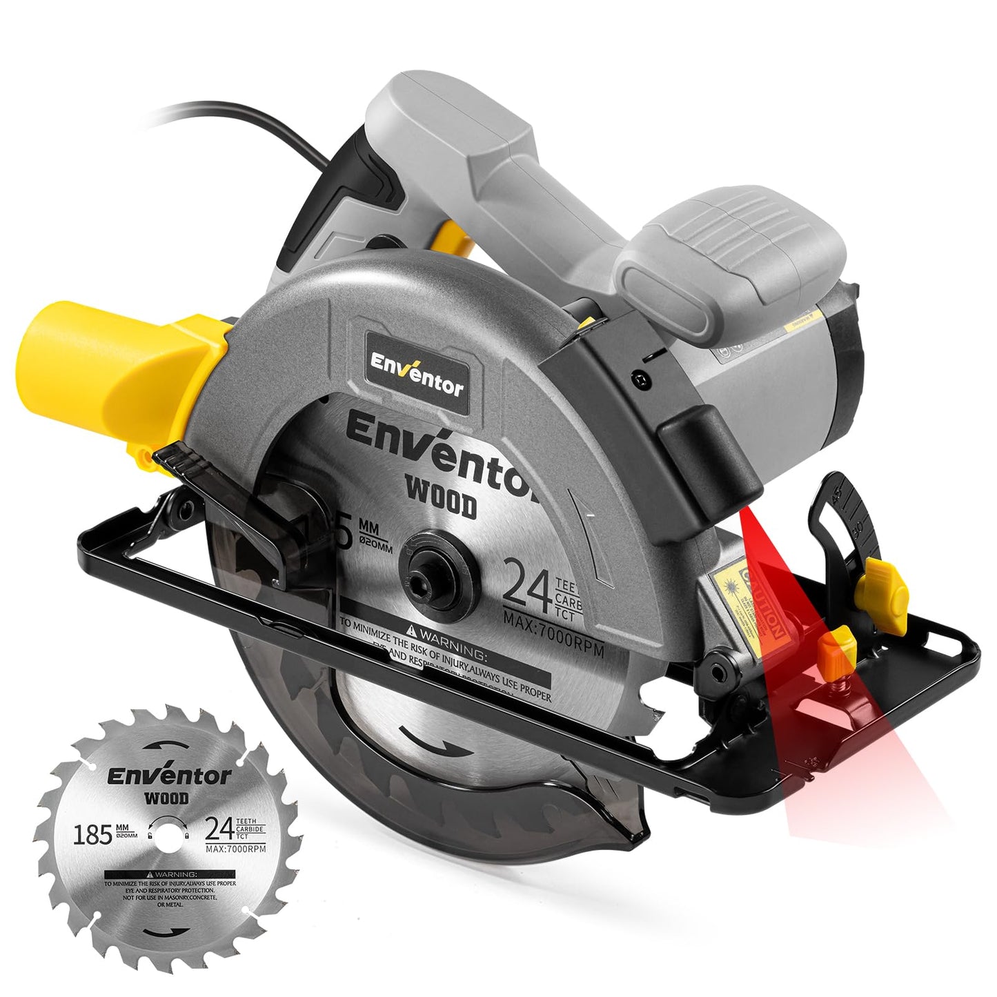 Enventor Circular Saw, 1400W 6000RPM Electric Circular Saws with Laser Guide, Max Cutting Depth 62mm (90?), 48mm (45?), Saw Blades(185mm, 24T), Pure