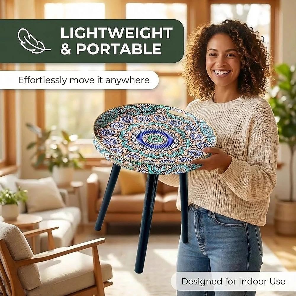 Simmer Stone Round Indoor Side Tables with Detachable Wooden 3 Legs, Versatile Tray Table, Perfect For Round Coffee Table Tea