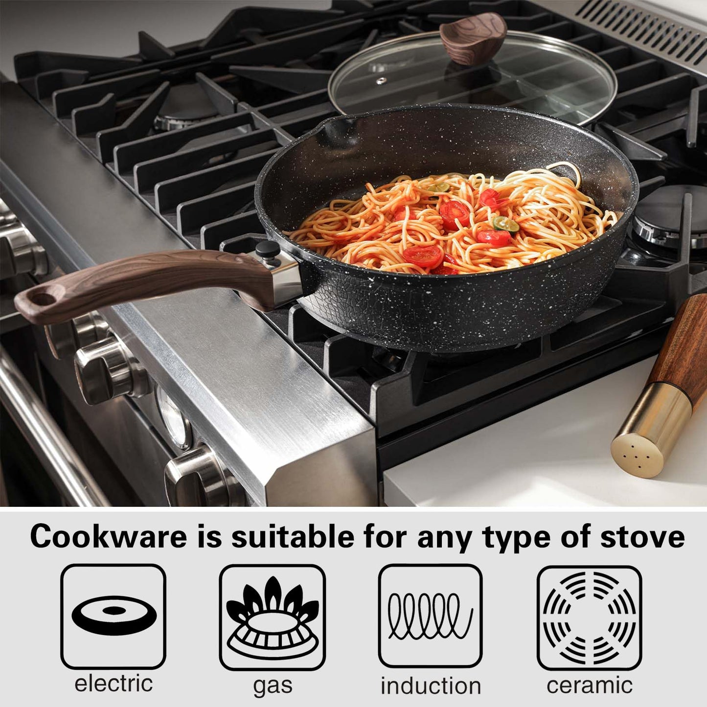 Kordisen Nonstick Deep Frying Pan with Lid, 28cm Saute Pan Skillet with Detachable Wood Handle, Granite Stone Coating for Cooking, Induction Cookware,