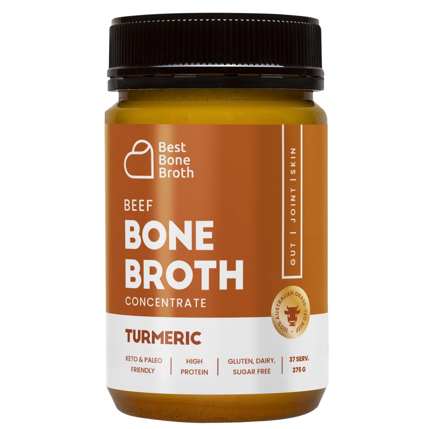 Best Bone Broth Premium Beef Bone Broth Concentrate Turmeric Flavour - 100% Sourced from Grass Fed, Pasture-Raised Cattle - Protein and Collagen -