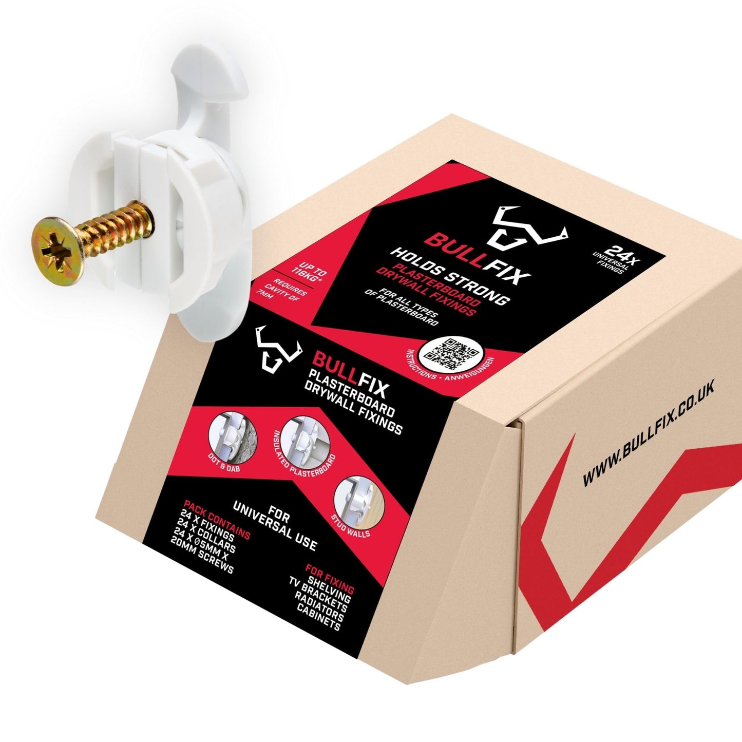 Bullfix Universal Plasterboard Fixings Heavy Duty - Drywall Anchor for Dot & Dab, Stud & Hollow Cavity, Wall Anchor Kit with Screws, Holds Up To 116kg