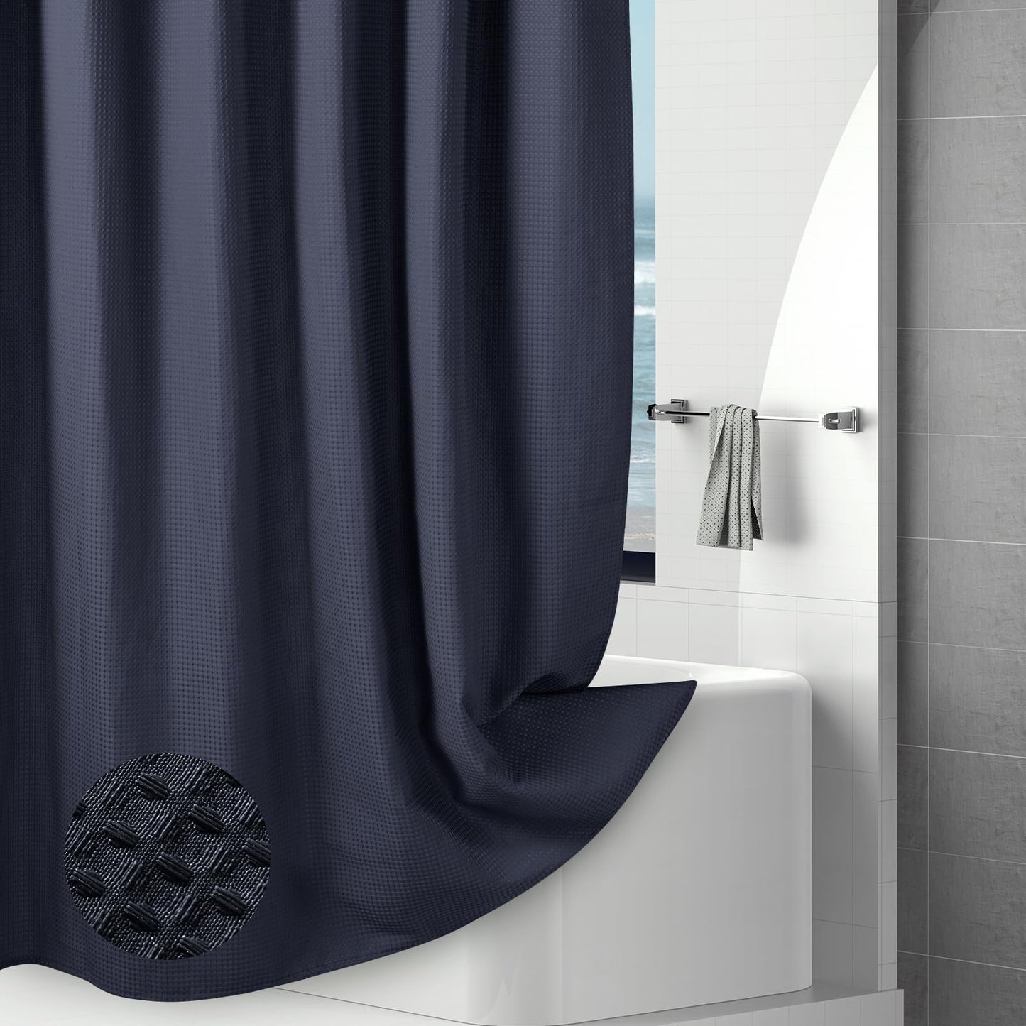 Hotel-Quality Navy Blue Waffle Shower Curtain, Water Repellent Bath Curtain Prevents Water Escaping, 256GSM Thick Heavy Duty Fabric Texture Wet Room