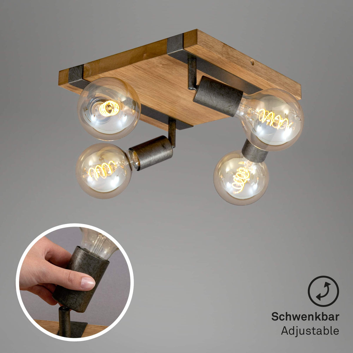 BRILONER - Vintage Ceiling Light Rotatable, 4X E27 Socket, max. 25W, Retro, Wooden Base, spot Lights Ceiling, 4 spot Lights, Ceiling Lights Living