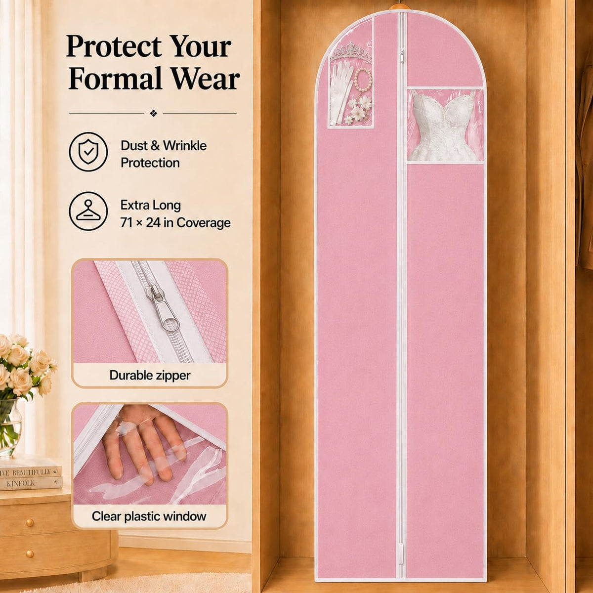 Sytinnice 2Pcs Long Dress Garment Bags, 60×180cm Folding Full Length Garment Cover Bag with Zipper, Pocket & Handle