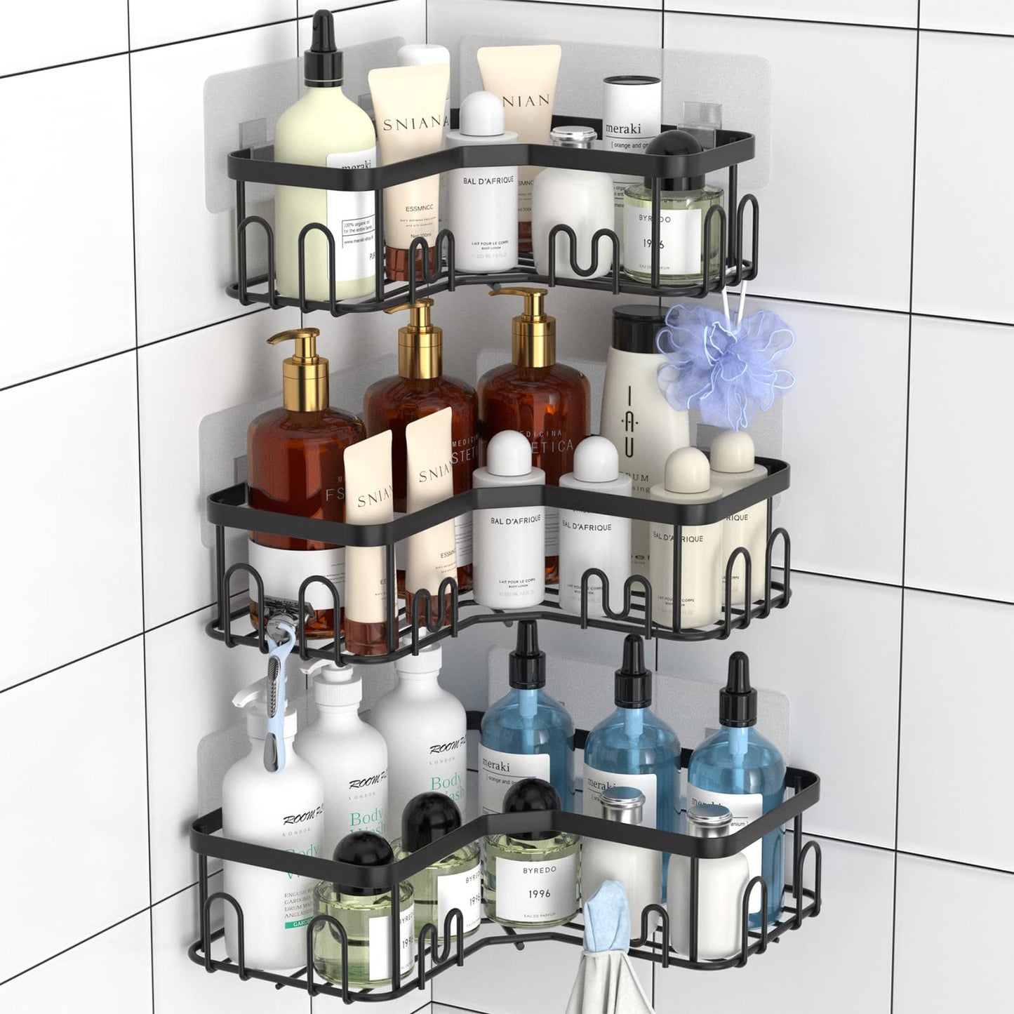 Menbyci 3 Pack Corner Shower Caddy, Stainless Steel Corner Shelf with 18 Hooks, Adhesive Shower Organizer for Bathroom Storage (Black)