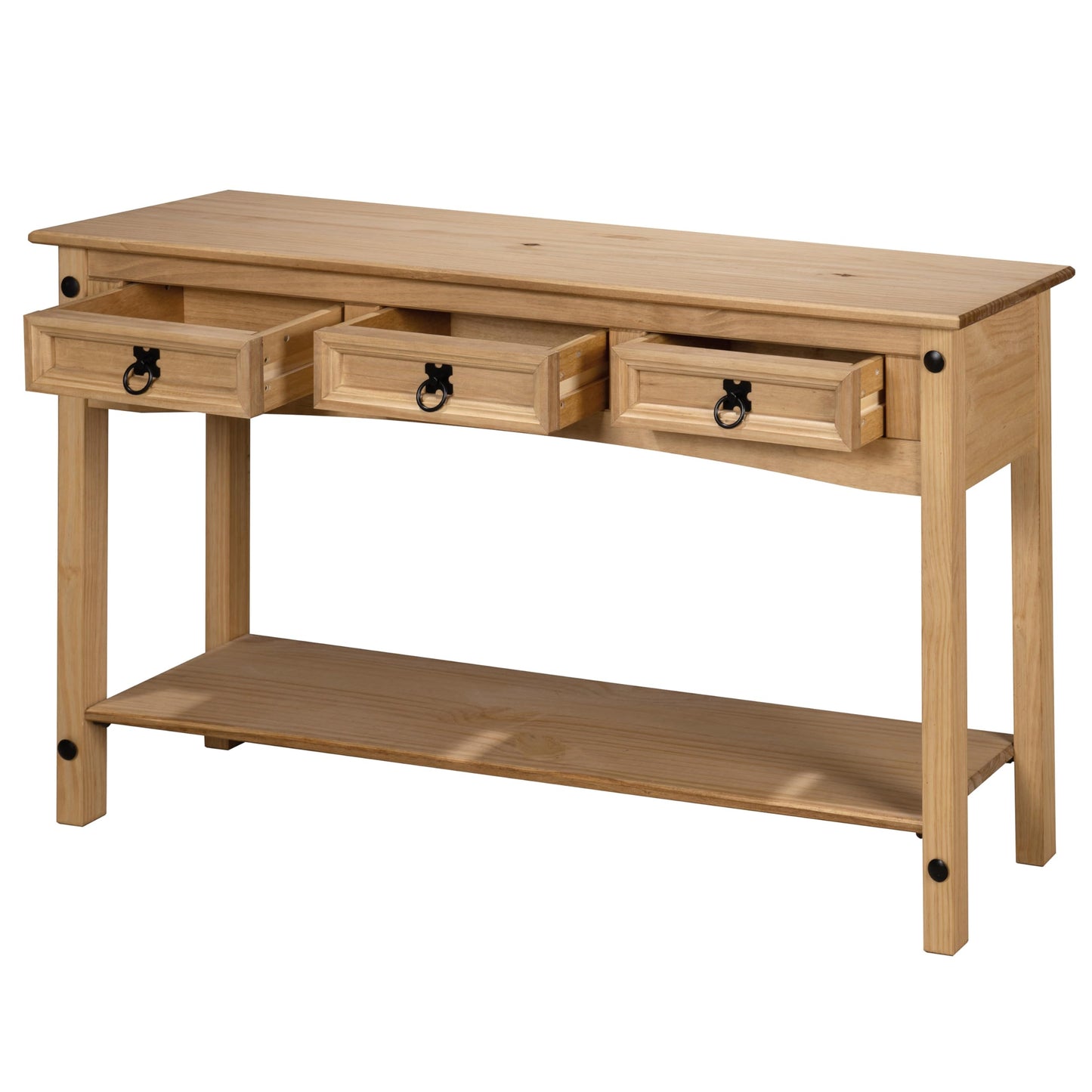 Corona Console Hall Table 3 Drawer Solid Pine Wood with Wax Finish Mexican Style Black Metal Hardware W 122 cm x D 32 cm x H 73 cm