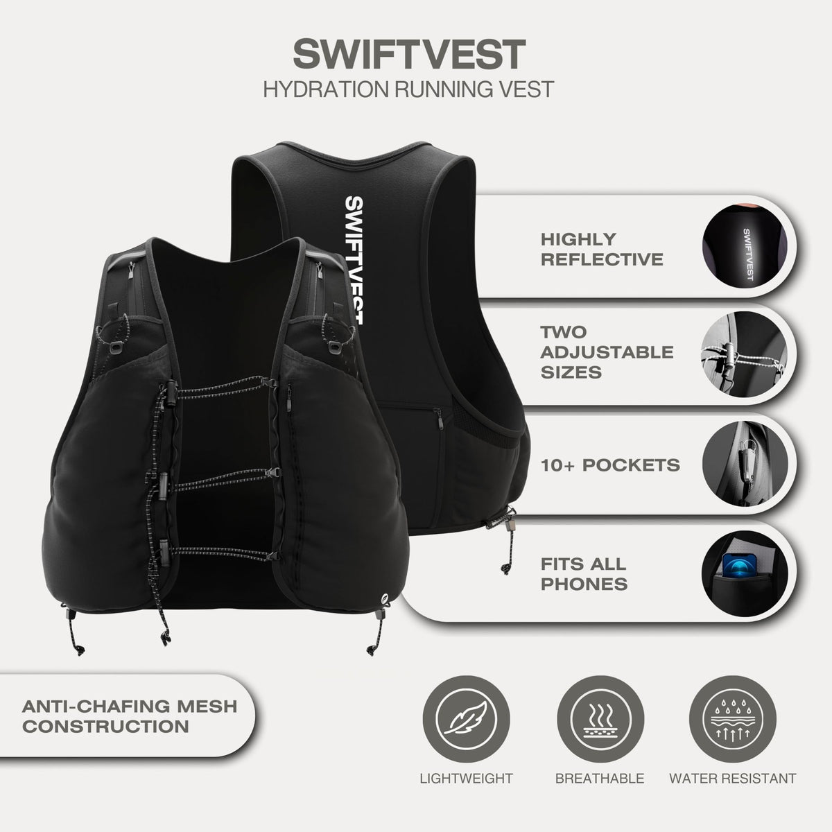 SWIFTVEST? Trail Running Vest | Phone & Water Bottle Holder | Hydration Backpack | 10+ Pockets for Running Accessories