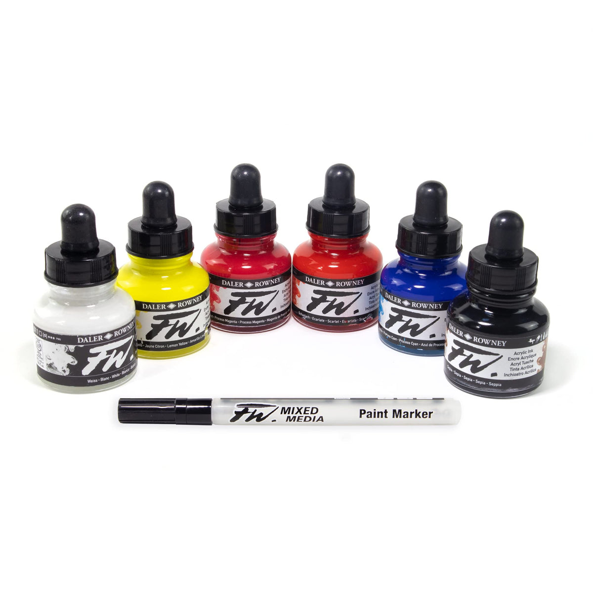 Daler-Rowney FW Primary Ink Set, 6 x 29.5ml Bottles & 1 FW Mixed Media Marker, Acrylic Based Ink, Assorted Colours, Ideal for Professional Artists &