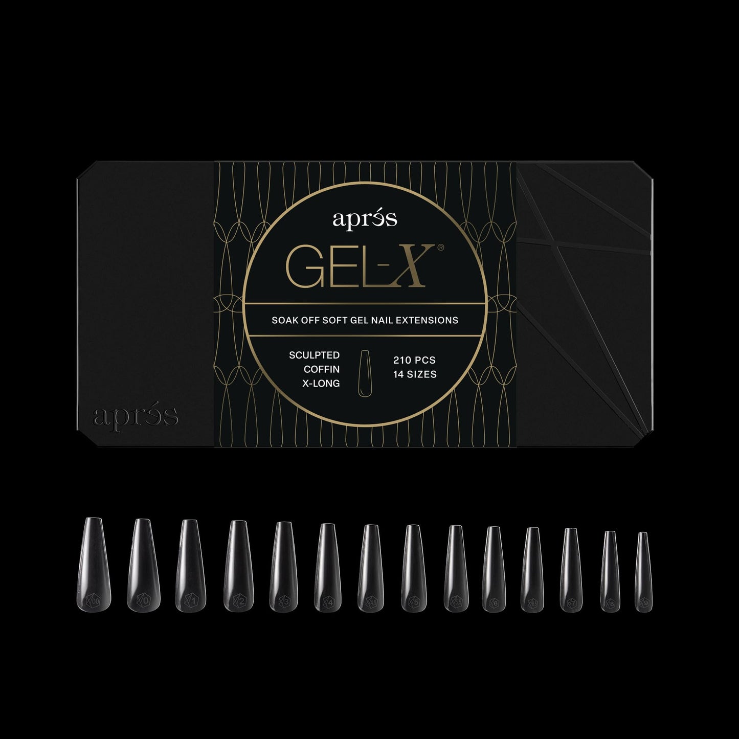 Apres Gel-X? Coffin Box of Nail Tips | 280 Soft Gel Tips, 14 Sizes 00-9 | Half-sizes Included (Sculpted Coffin Extra Long Box, 280 Count)