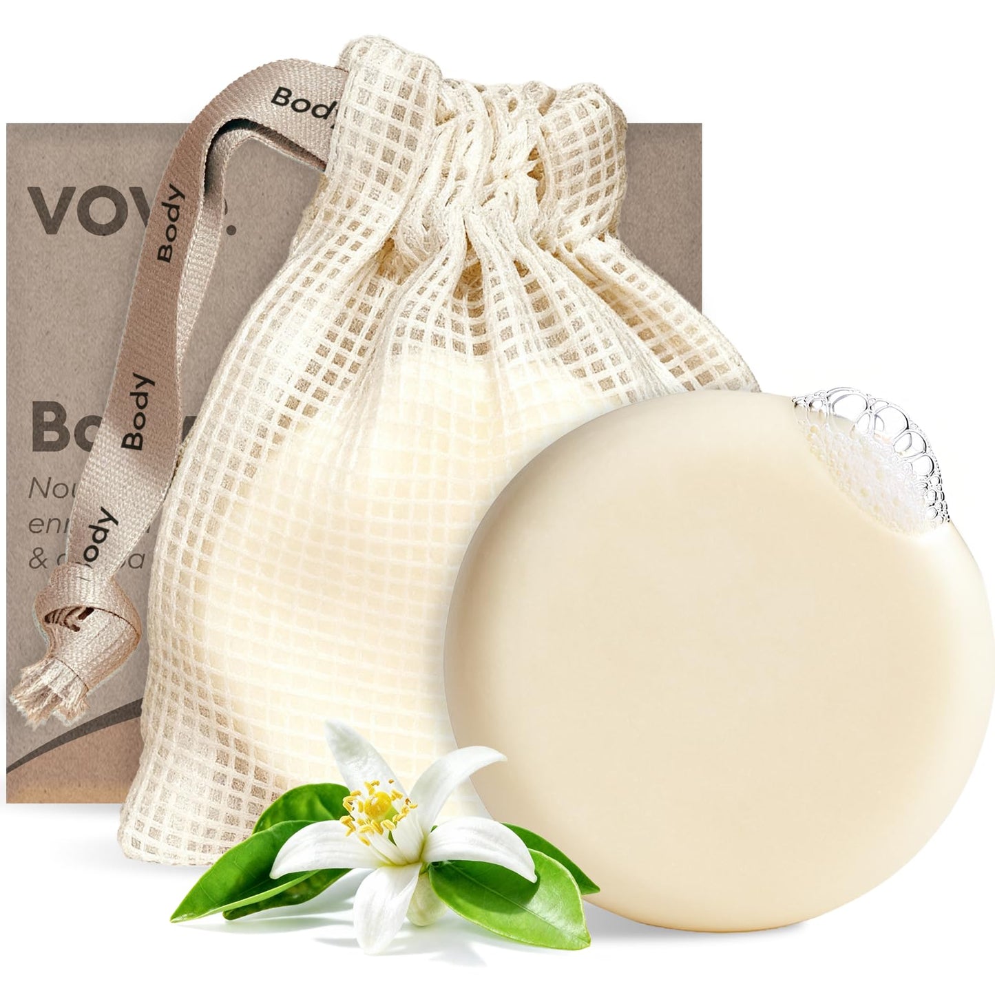 Vove Body Wash Bar Set with Exfoliating Soap Bag, Forest Revive, 2 Bars and Bag - Moisturising Plant-Based Body Soap, Jojoba Oil, Cocoa Butter, Rice