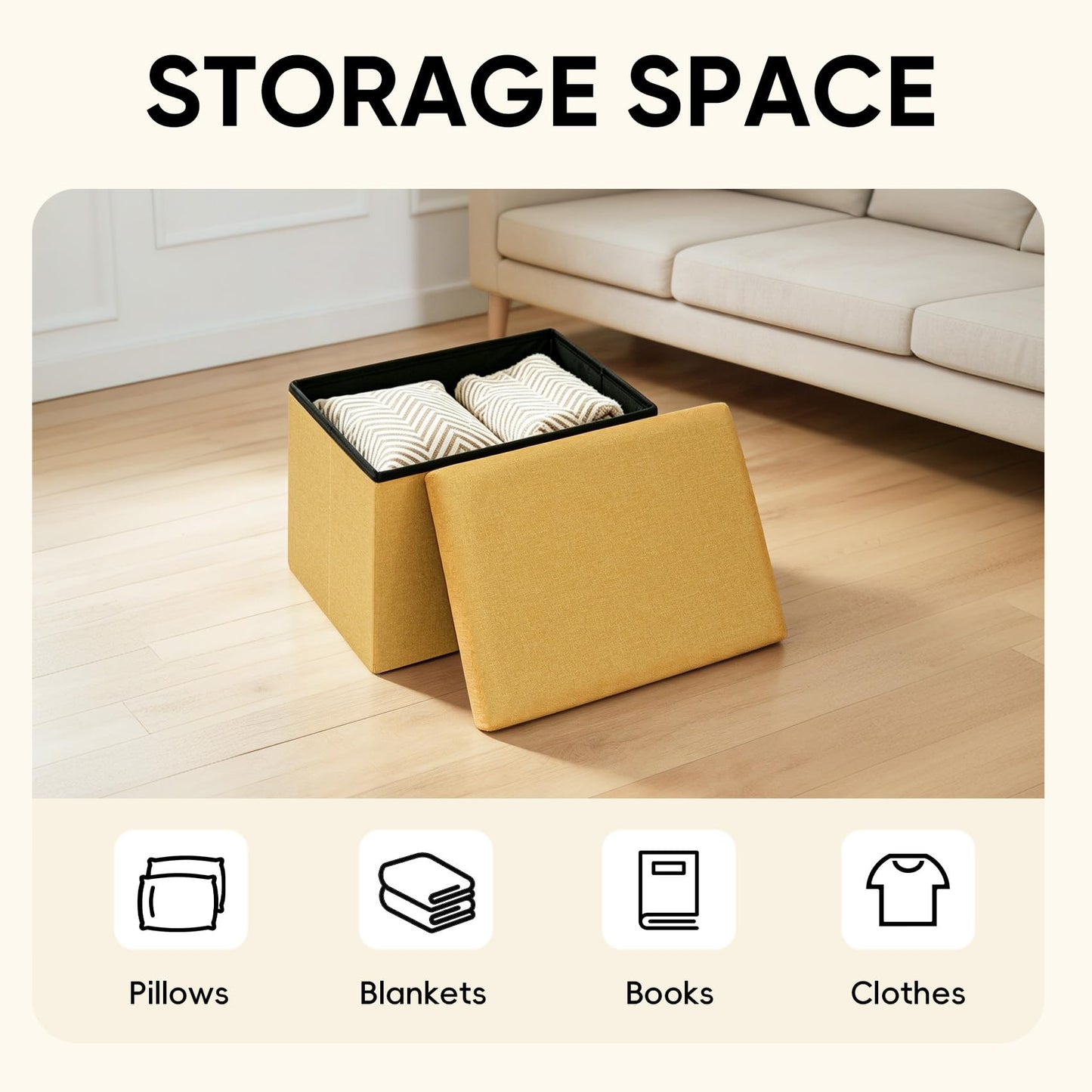 PINPLUS Folding Storage Box Ottoman, Linen Small Footstool, Ginger Yellow