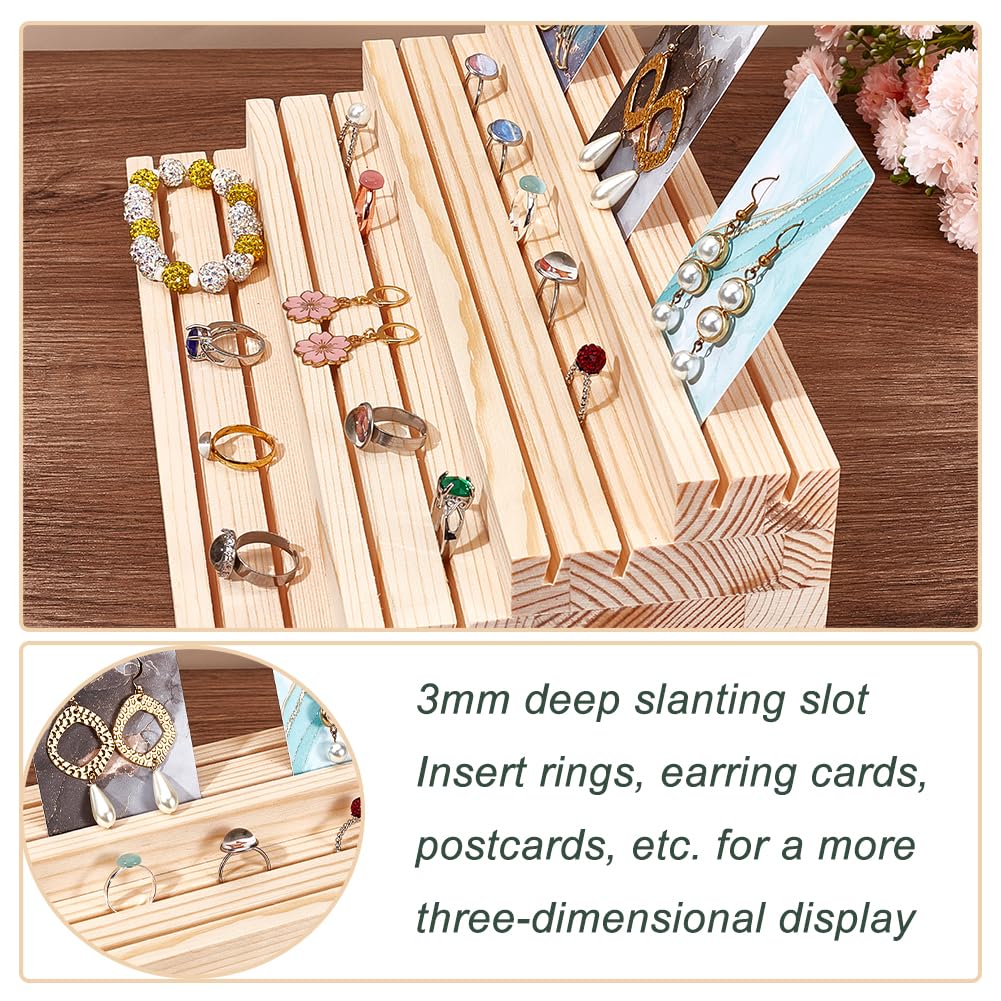 NBEADS 4-Tier Wood Jewelry Display Stand, Wooden Earring Organizer Holder with Grooves Jewelry Showcase Rack for Rings Earring Display Cards Photo