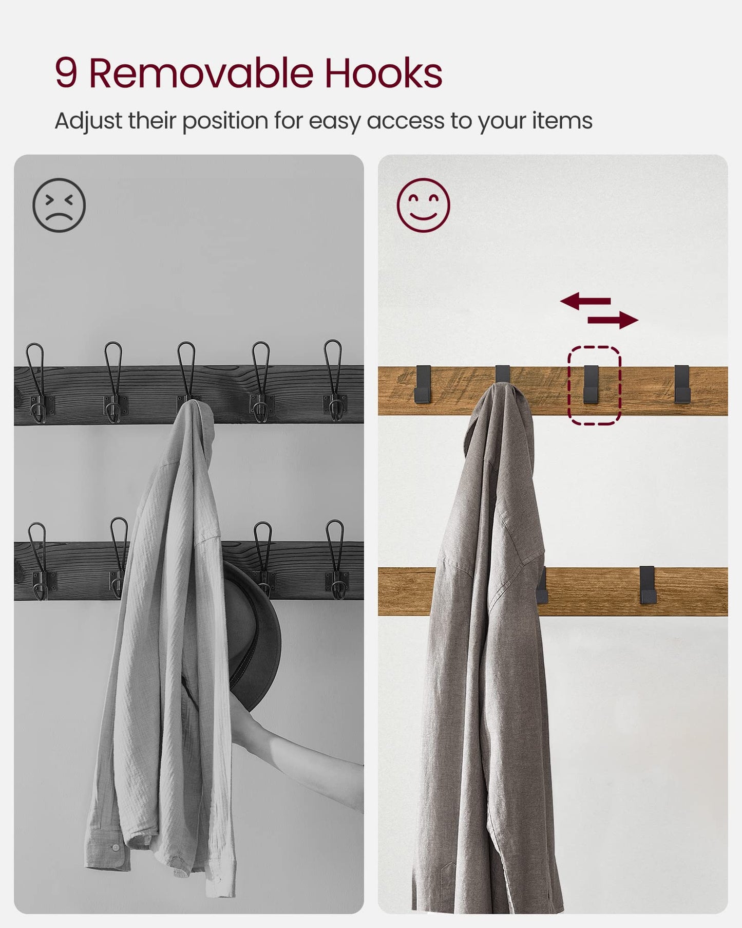 VASAGLE Coat Rack, Coat Stand with Shoe Storage Bench, 4-in-1 Design, with 9 Removable Hooks, a Clothes Rail, for Hallway, Entrance, 34 x 72 x 183 cm,