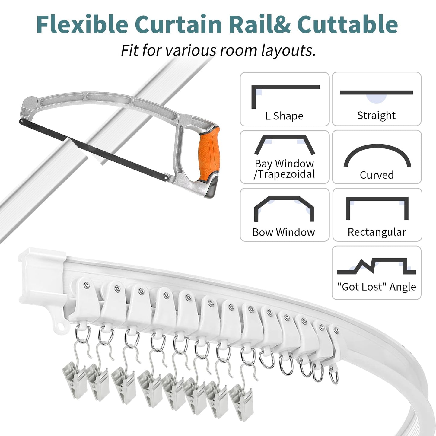 Flexible Curtain Track 4.26m Bendable Bay Window Curtain Rail Ceiling Wall Mount Plastic Heavy Duty Ceiling Track System Set, White 14Ft