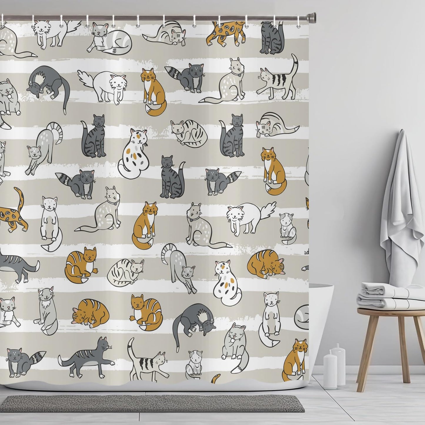 ASDCXZ Funny Cat Shower Curtain 180x200 cm, Cute Cartoon Pet Cat Colorful Kitten Children Animal Waterproof Bath Curtain Polyester Textile Washable