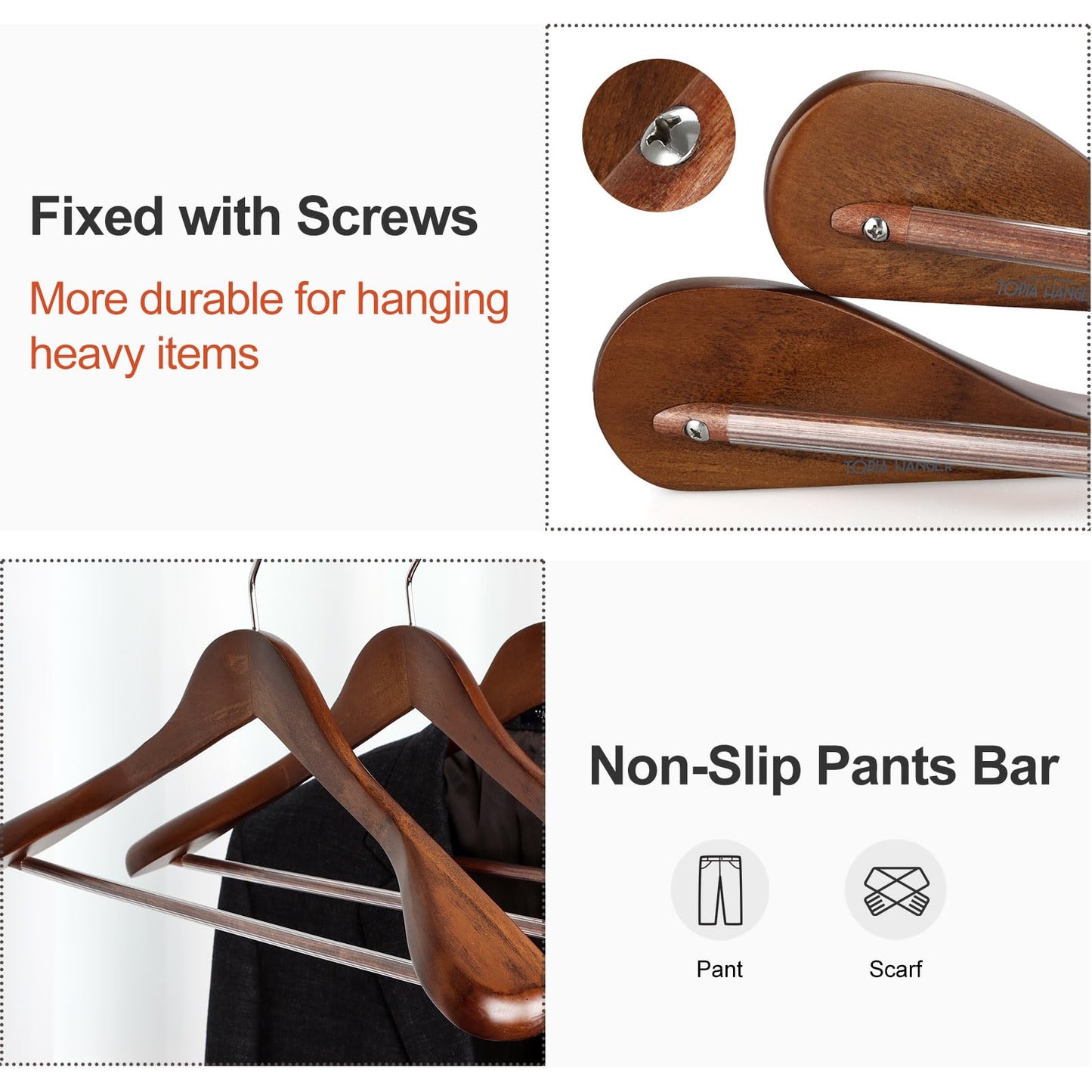 TOPIA HANGER Wide Shoulder Wooden Hangers, Suit Hangers with Non Slip Pants Bar & 360° Swivel Hook, Solid Wood Heavy Duty Coat Hanger, 6 Pack