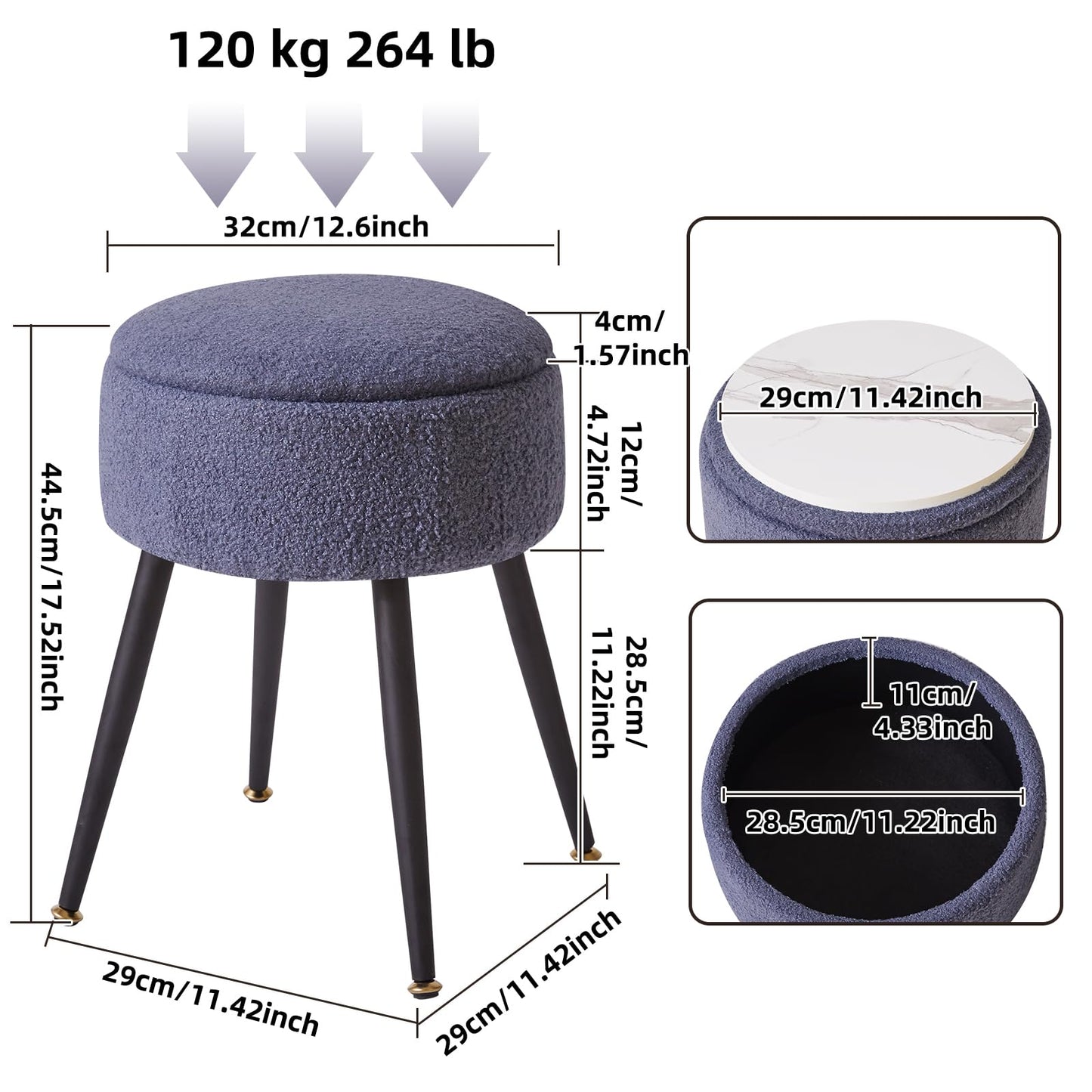 Aibiju Dressing Table Stool with Storage Space, Round Footrest Stool Ottoman, Vanity Dressing Table Chair with 4 Metal Legs for Home Living Room