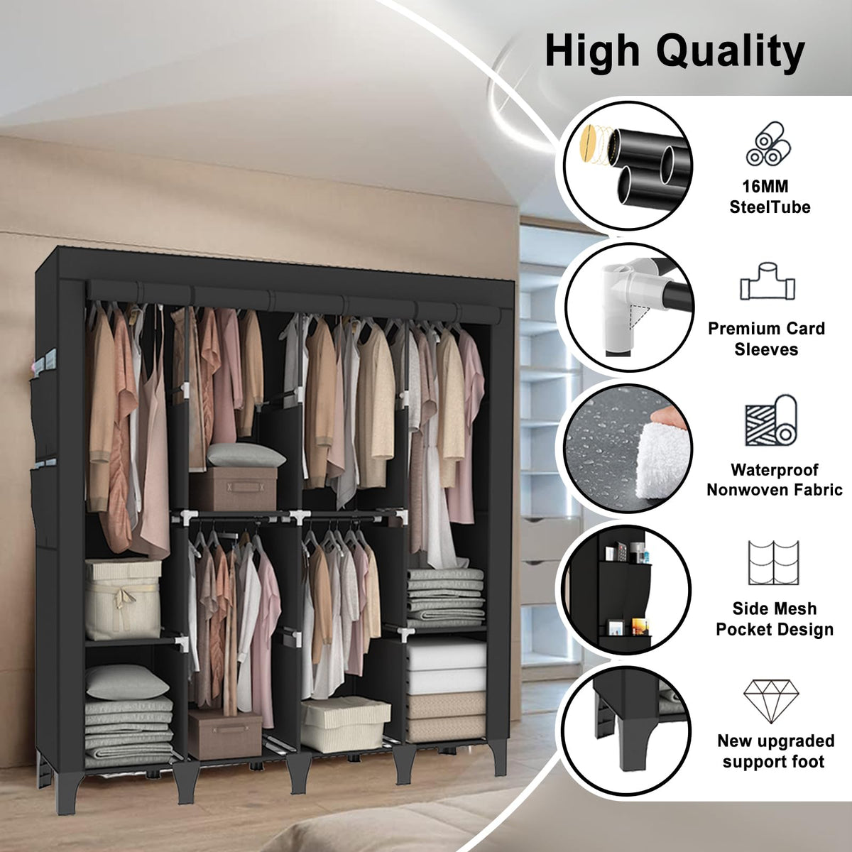 OPPAIYA Extra Large Canvas Wardrobe with 6 Hanging Rails, Portable Fabric Bedroom Wardrobes with 8 Shelves & 8 Side Pockets