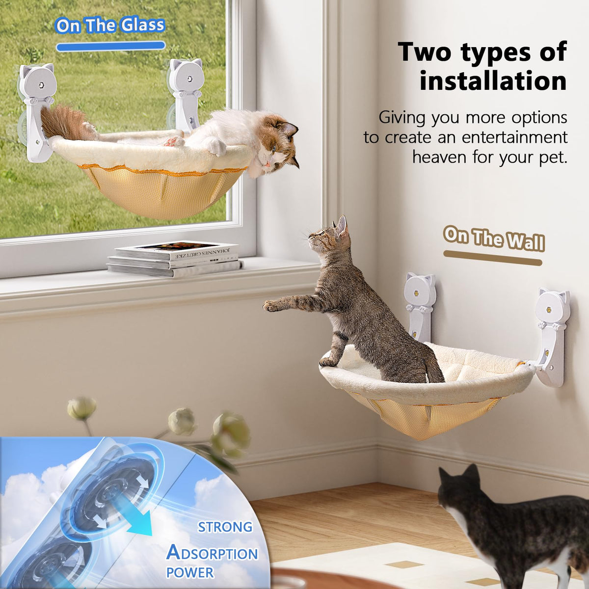 JUNSPOW Cat Window Perch Cordless, Foldable & Stable Cat Beds- Breathable Cats Window Hammock for Overlooking, Sunbathing and Climbing - Maximum Hold