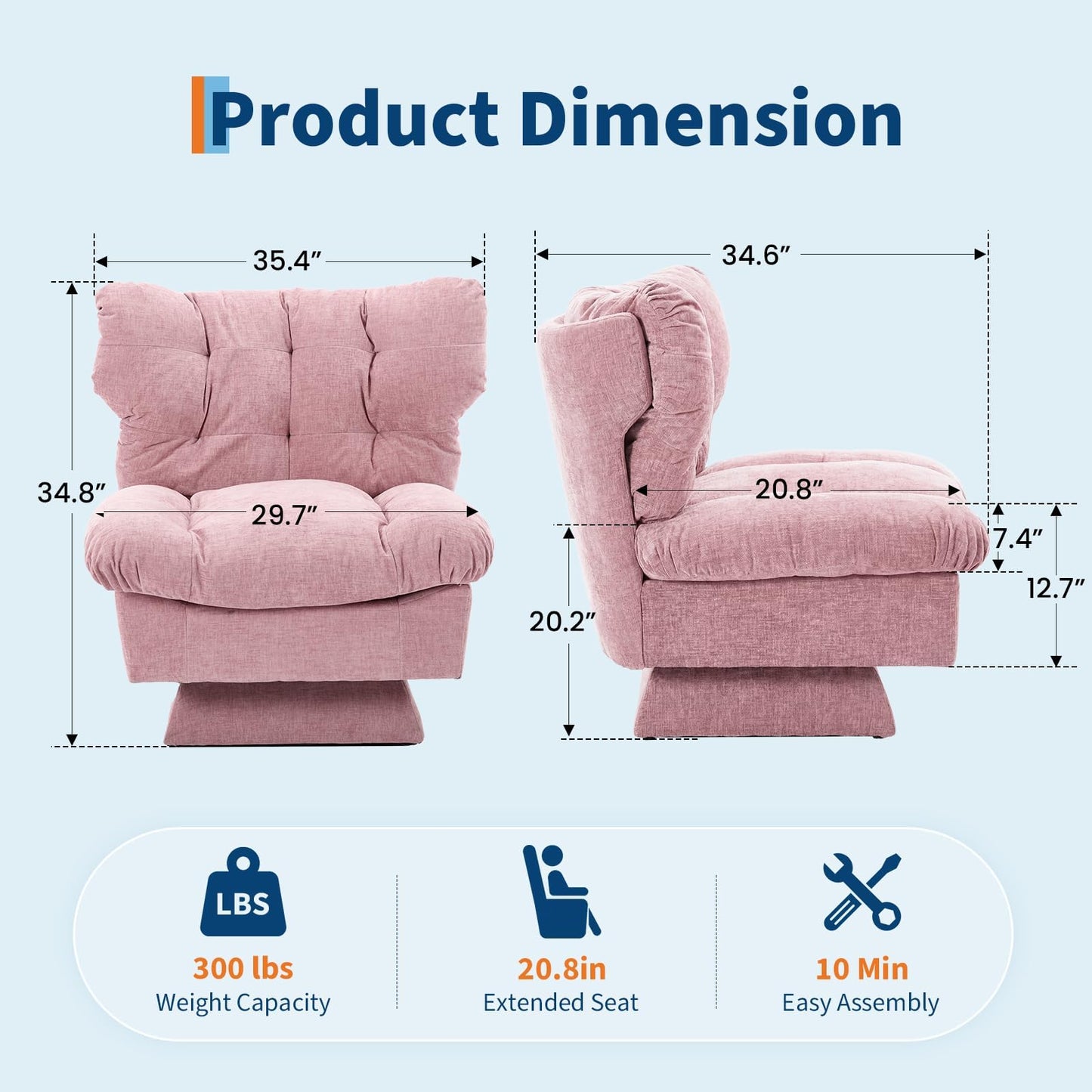 Crevyteg Oversized Chenille Swivel Accent Chair, 360° Rotating Recliner with Deep Soft Cushion, 20.8in Wide Ergonomic Seat, 300lb Capacity