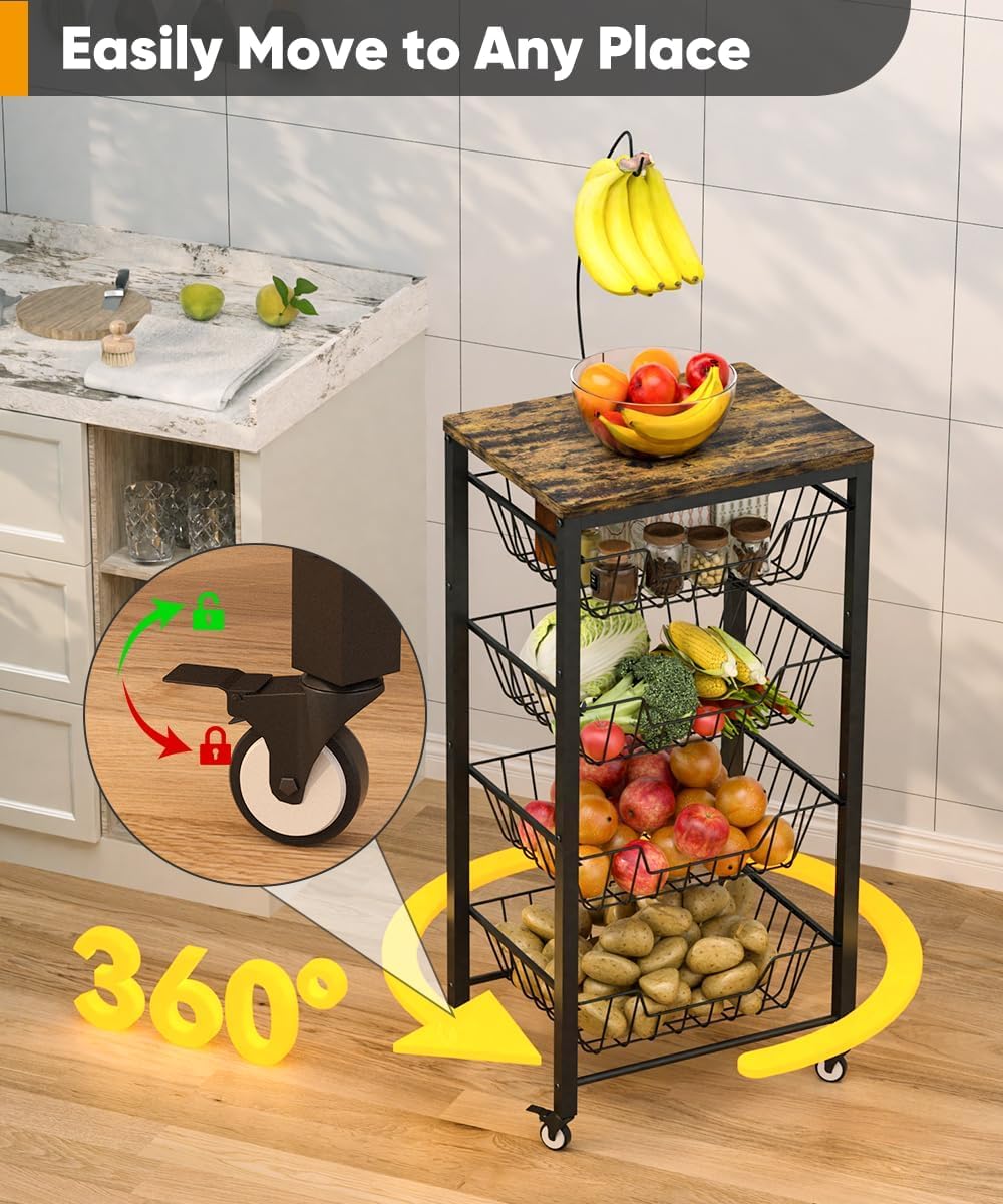 Garbuildman 5-Tier Kitchen Storage Cart with Pull-Out Wire Baskets - Fruit & Vegetable Organiser with Wooden Top & Banana Holder for Pantry