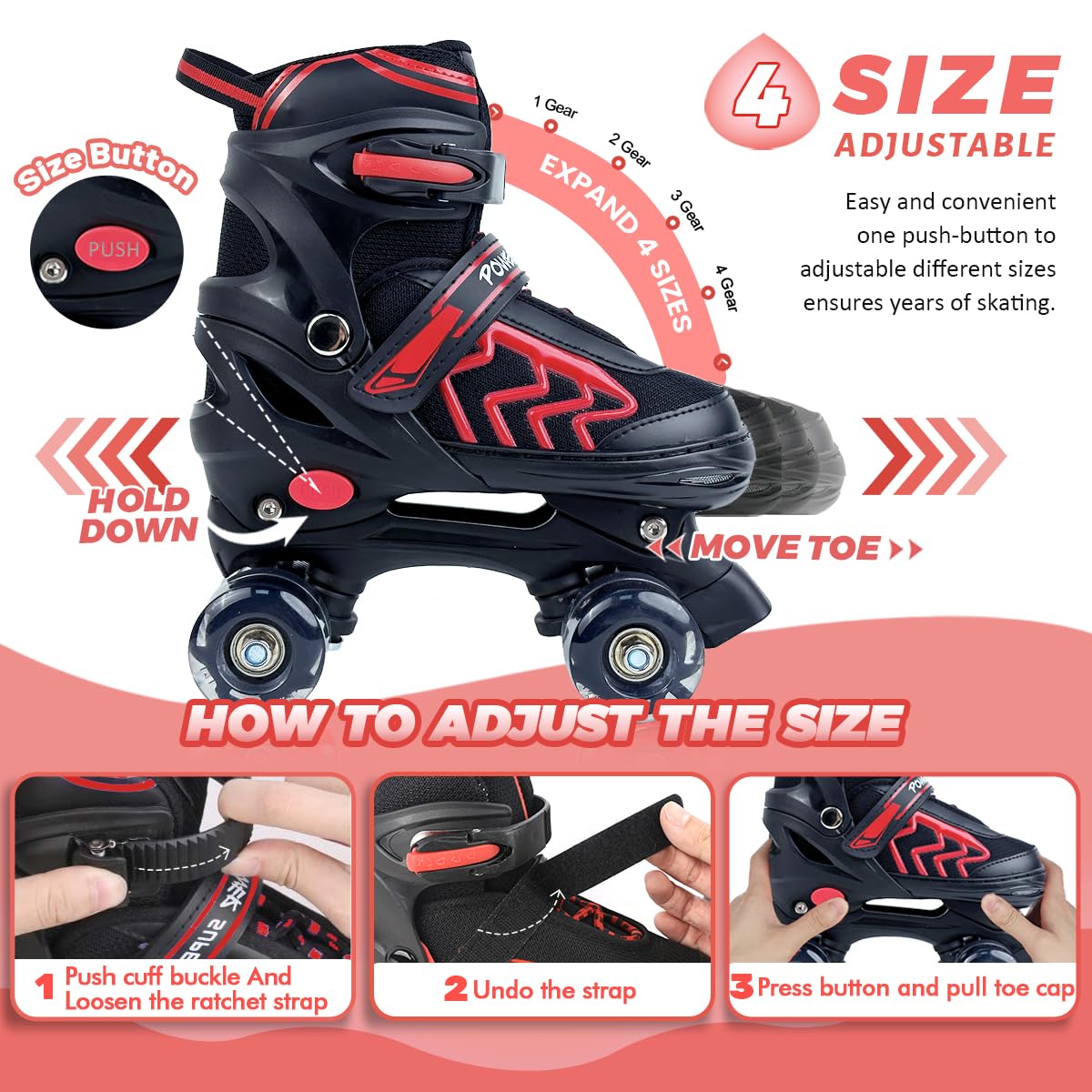 Kids Roller Skates for Boys Girls Children Beginners, 4 Sizes Adjustable Roller Skates for Child Toddler Ages 4-6-12 with 8 Light up Wheels