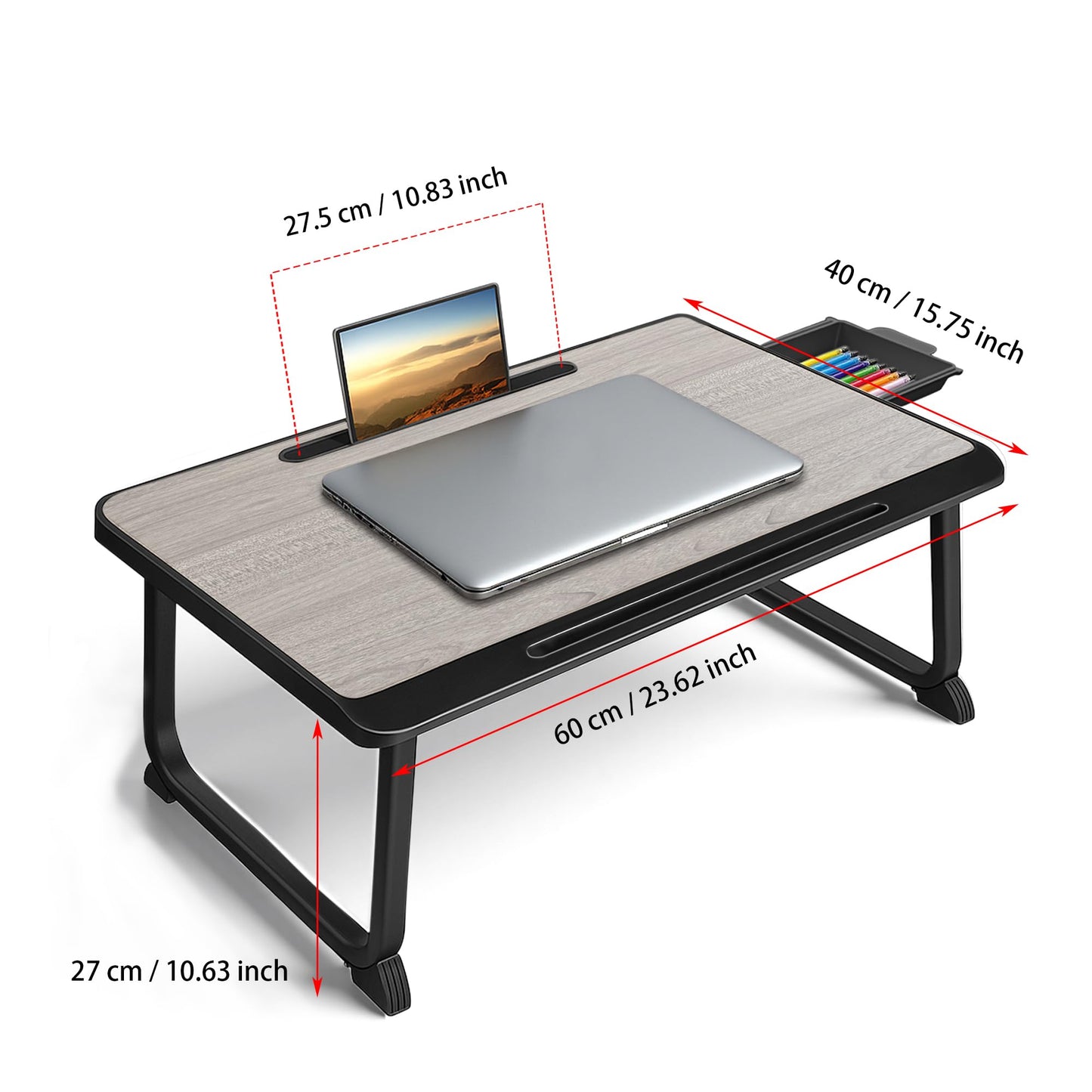 Lap Desk, Bed Table with Drawer, for Laptop, Reading, Writing, Eating & Watching Movies on Bed, Sofa, or Floor, Office and Home (Grey)