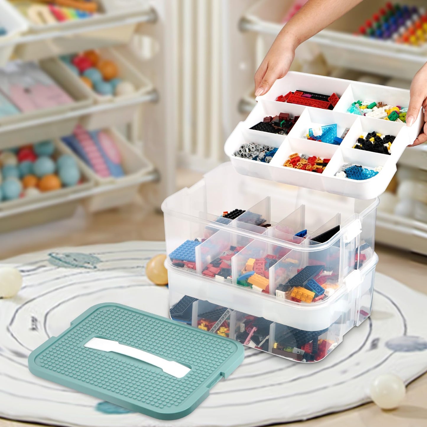 2 Layers Storage Organizer for Lego, Stackable Storage Box with Lids